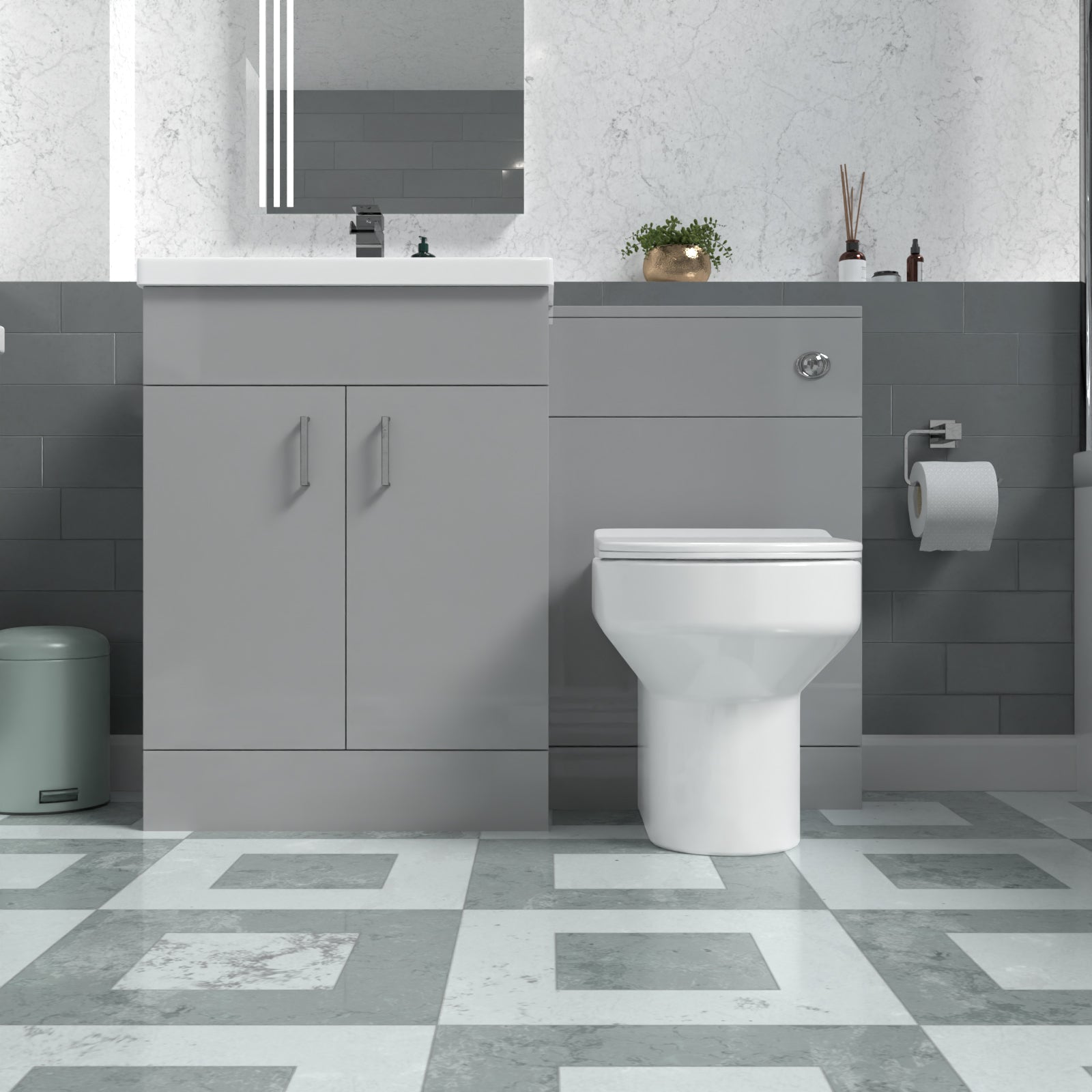 Nanuya 1100mm Grey Vanity Basin Cabinet, WC Unit & Back To Wall Toilet