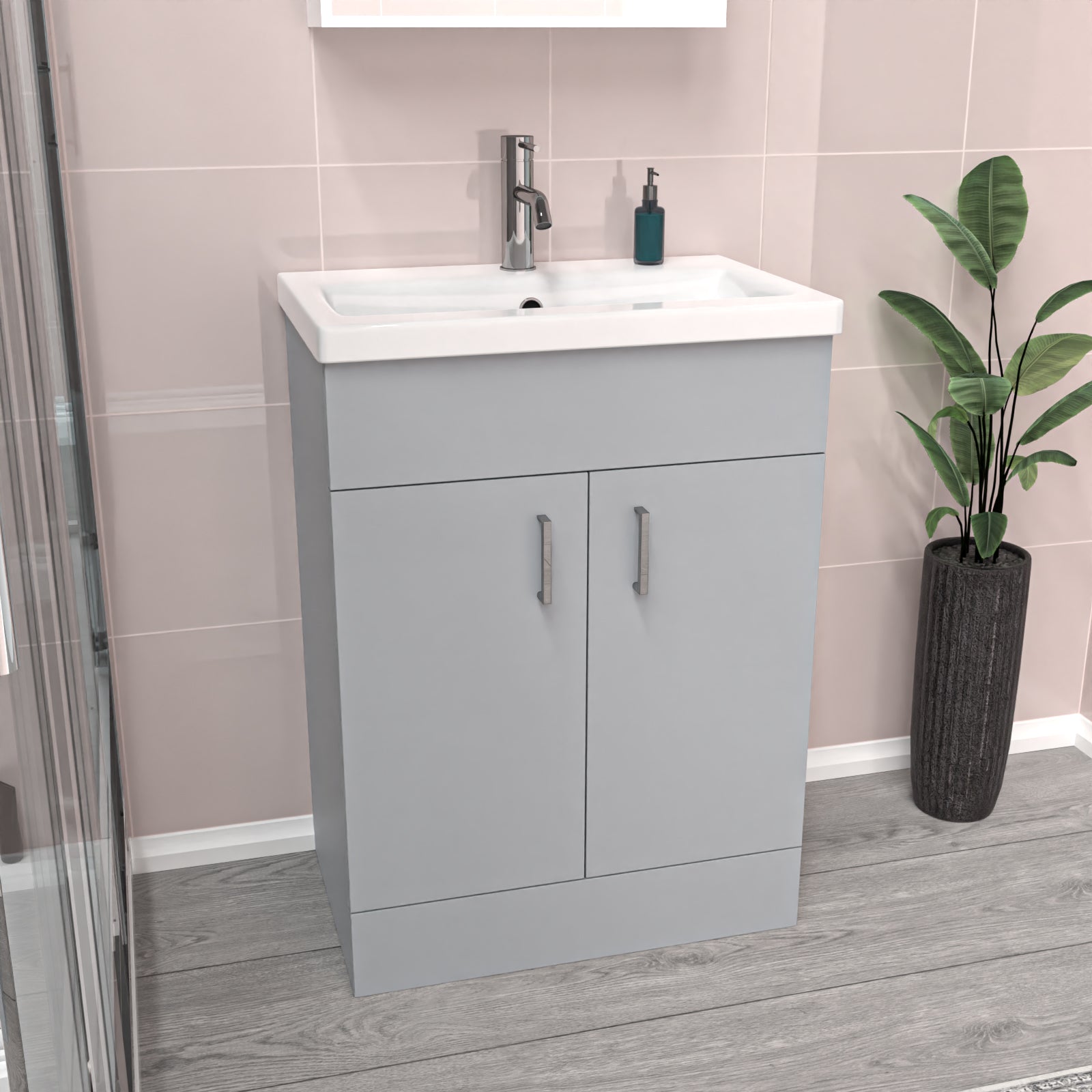 Matte Grey 600mm Floor Standing Vanity Unit & White Basin
