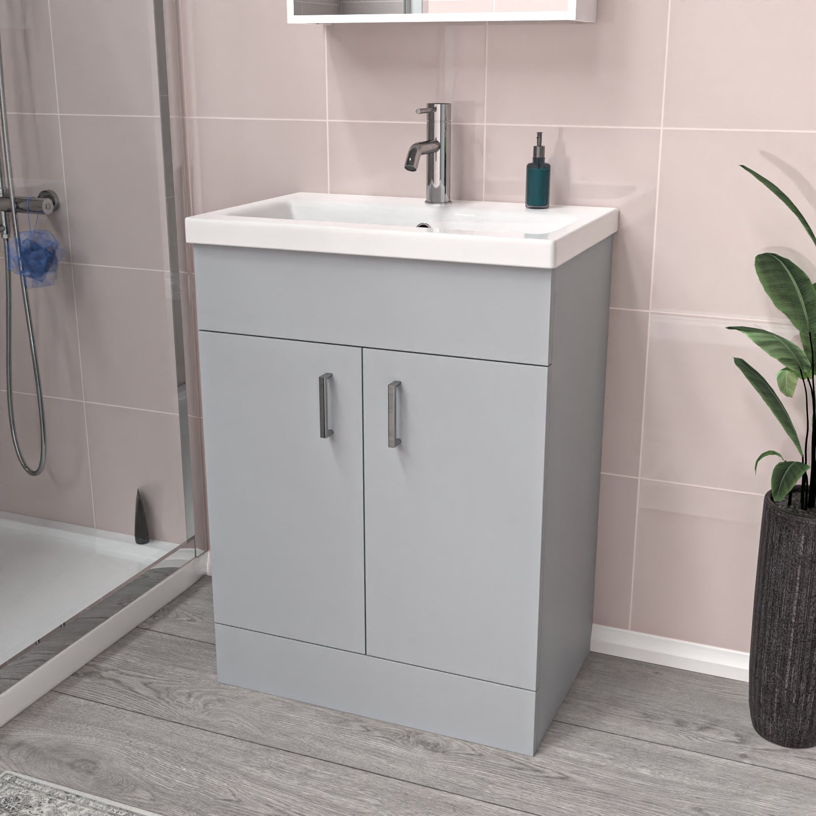 Matte Grey 600mm Floor Standing Vanity Unit & White Basin