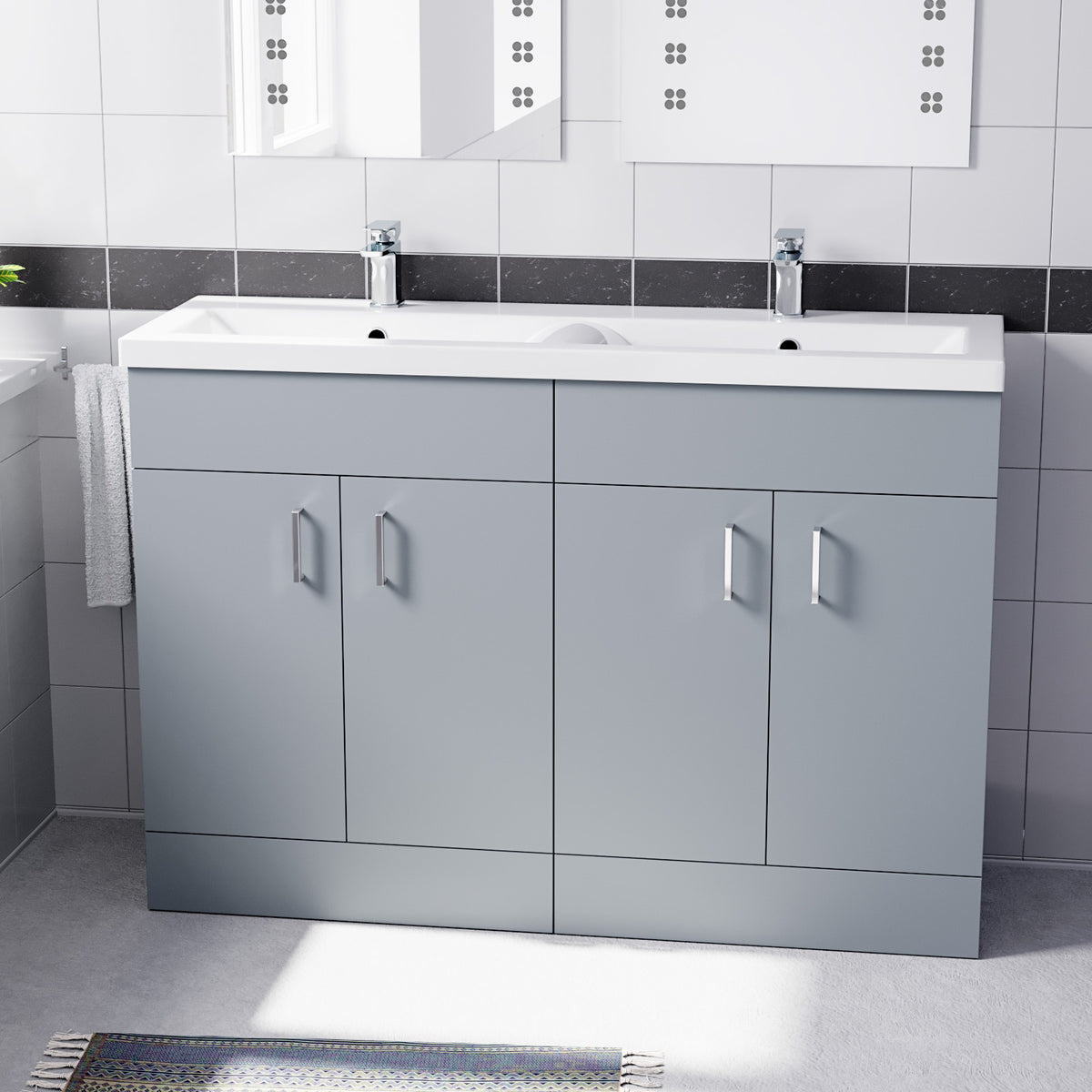 Set of 2 Floorstanding 600mm Vanity & Ceramic Mid Edge Twin Basin - Matte Grey