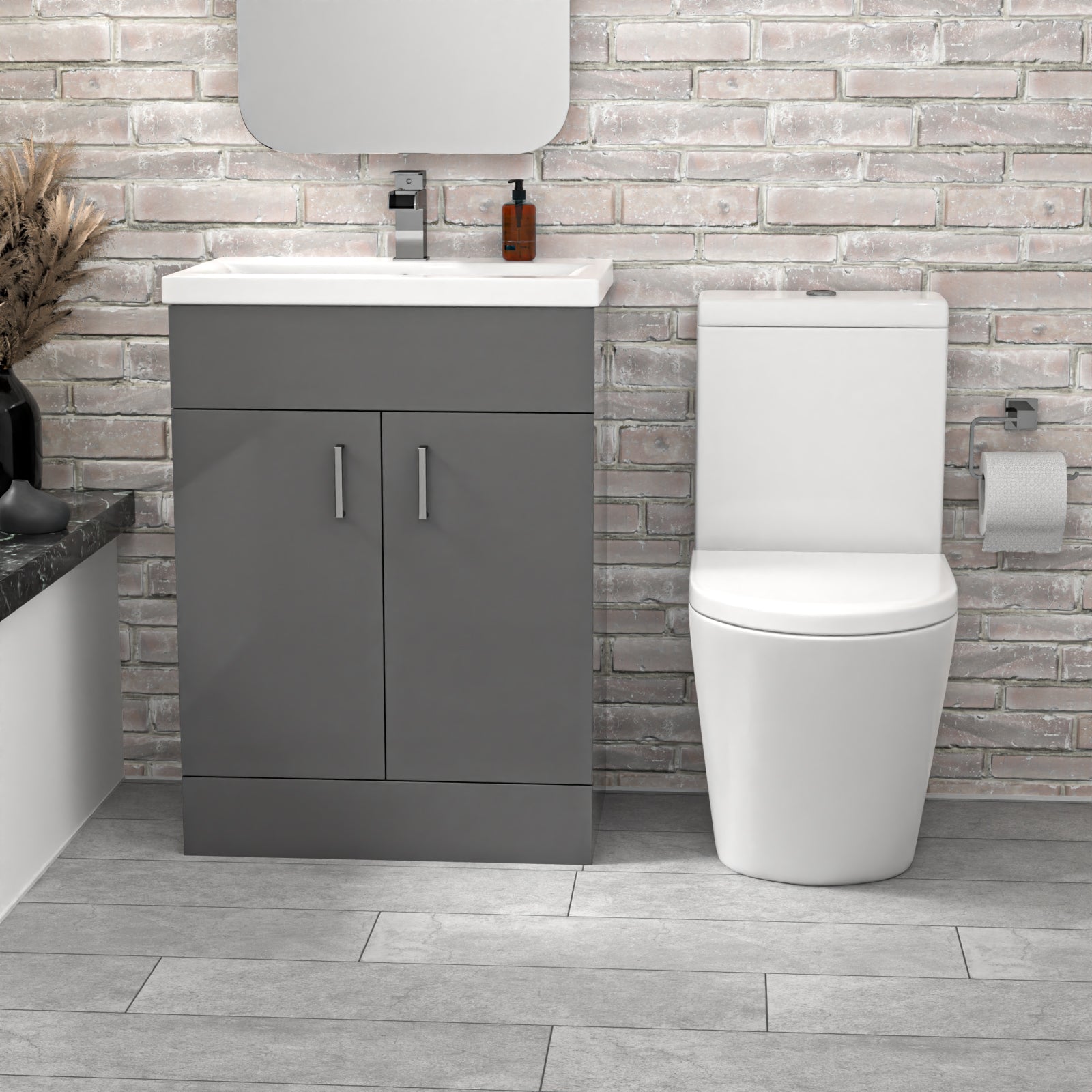 Steel Grey 600mm Freestanding Vanity With ceramic Basin & Close Coupled Toilet