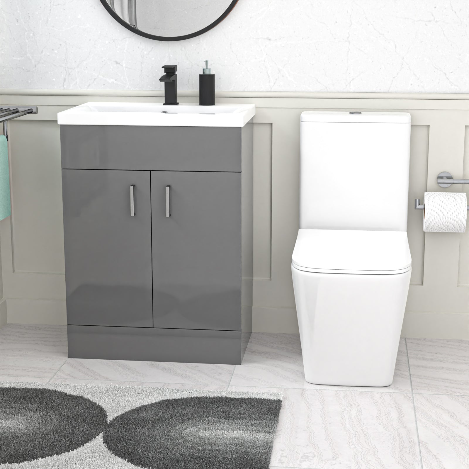 Nanuya 600mm Grey Basin Vanity & Rimless Square Close Coupled Toilet