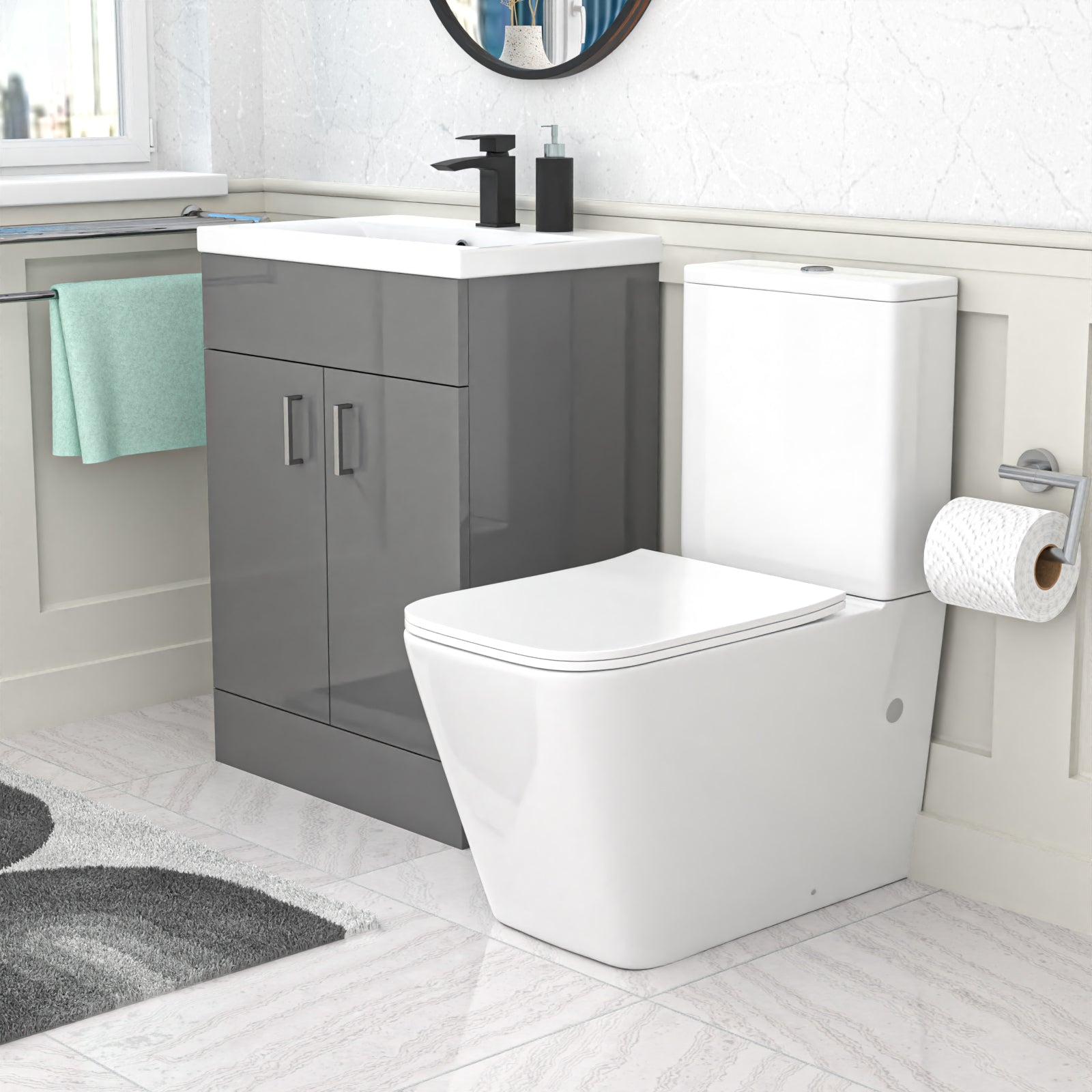 Nanuya 600mm Grey Basin Vanity & Rimless Square Close Coupled Toilet