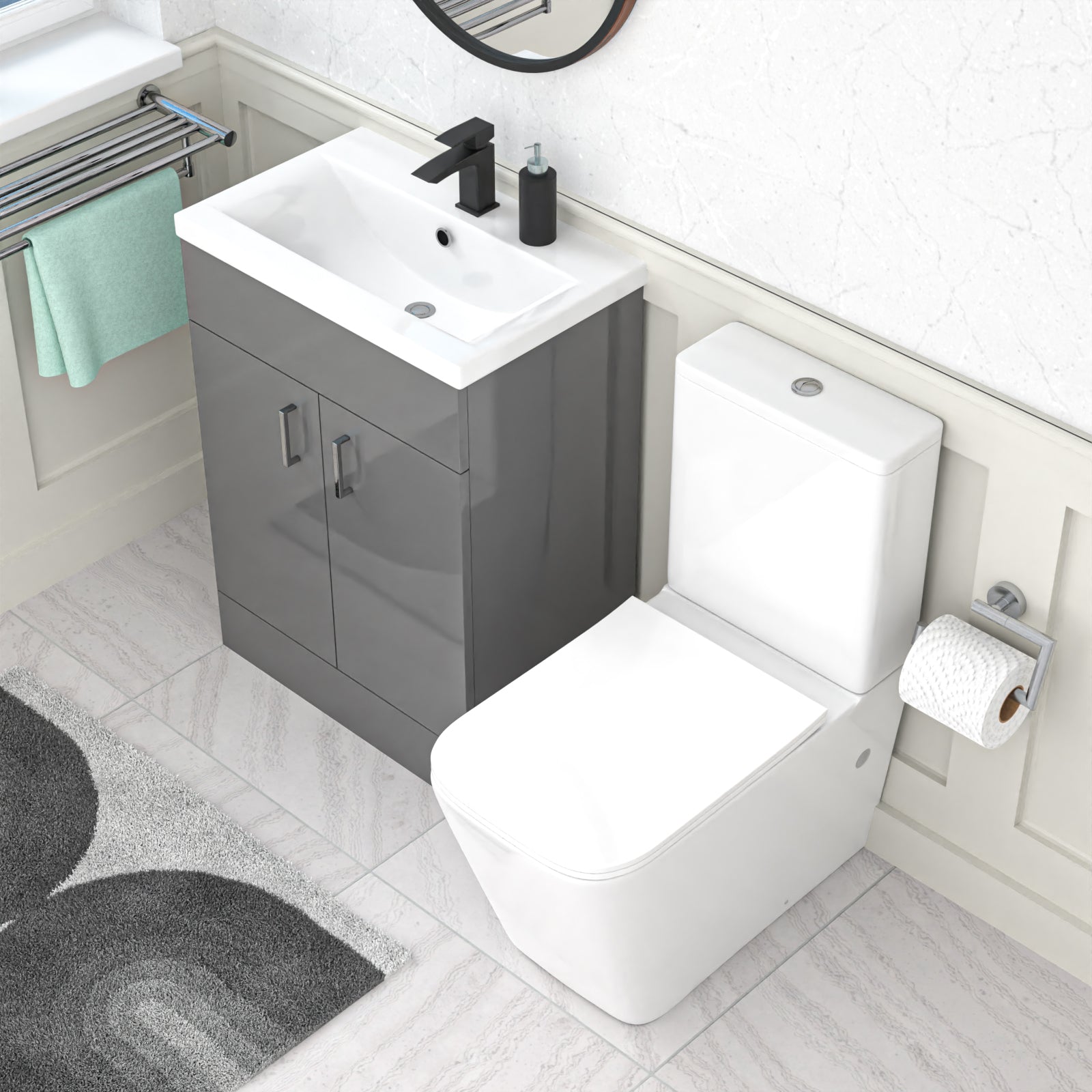Nanuya 600mm Grey Basin Vanity & Rimless Square Close Coupled Toilet
