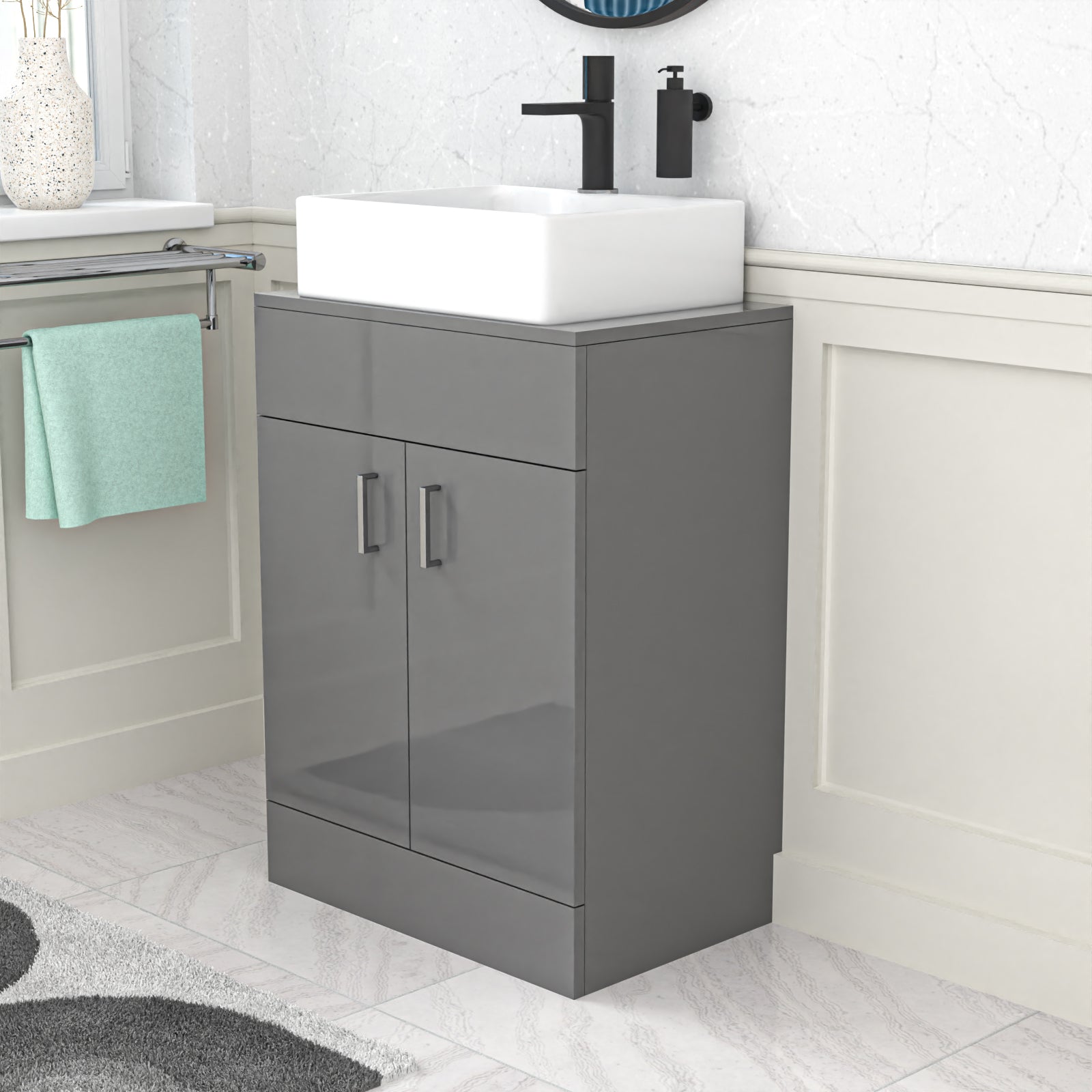 Nanuya Grey 600mm Vanity Unit, Worktop With Square Bowl Basin