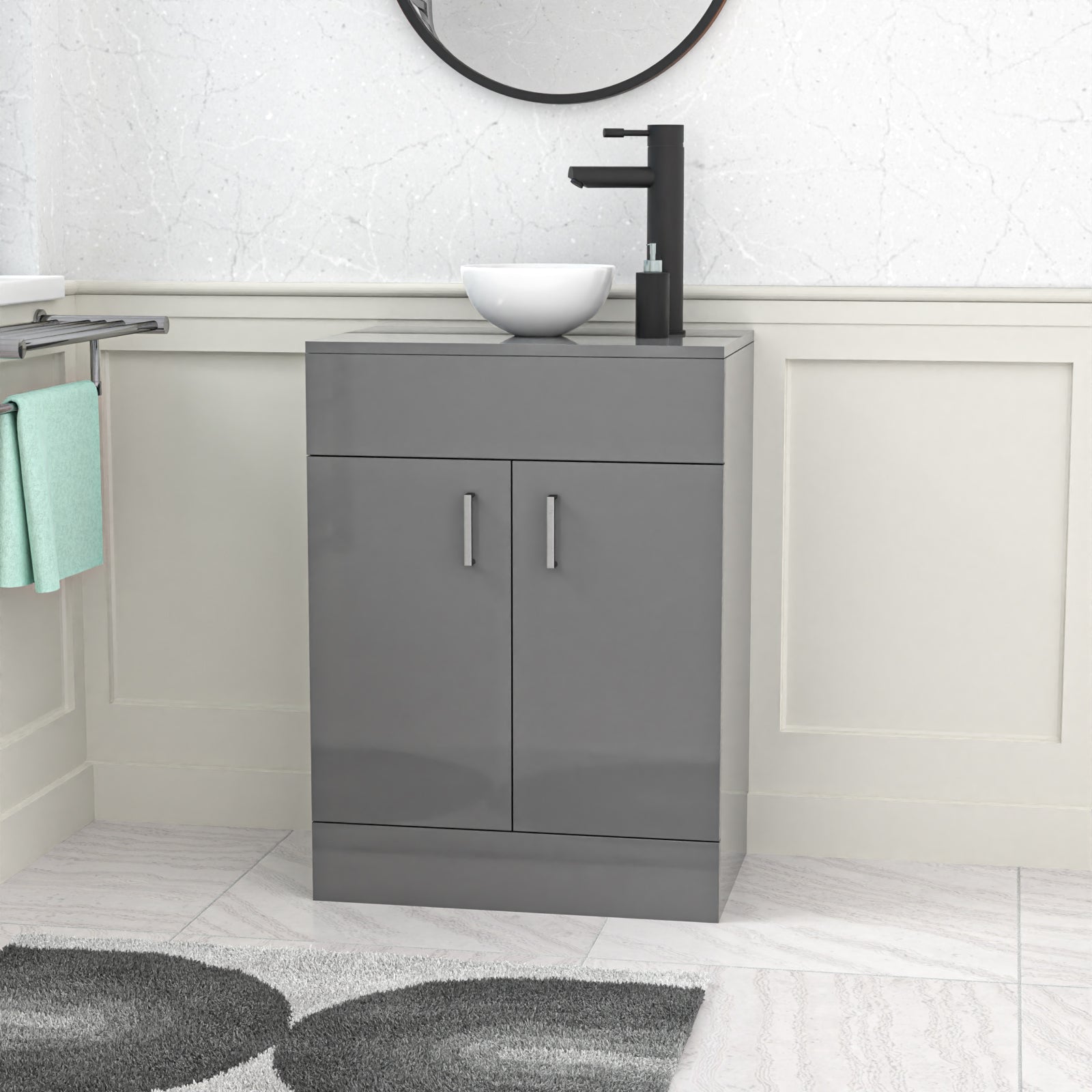 Nanuya 600mm Bathroom Doors Vanity Unit Grey Round Ceramic Basin