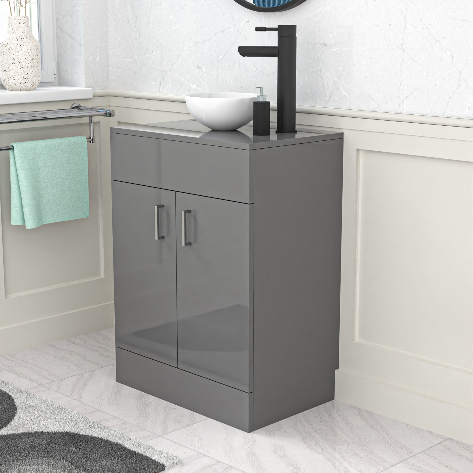 Nanuya 600mm Bathroom Doors Vanity Unit Grey Round Ceramic Basin