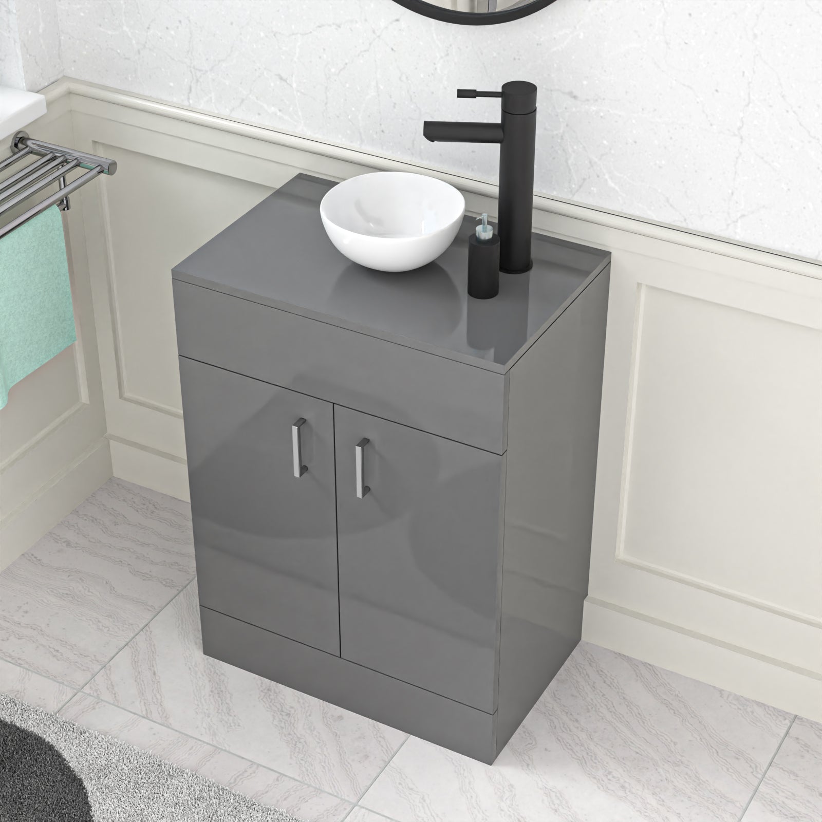 Nanuya 600mm Bathroom Doors Vanity Unit Grey Round Ceramic Basin