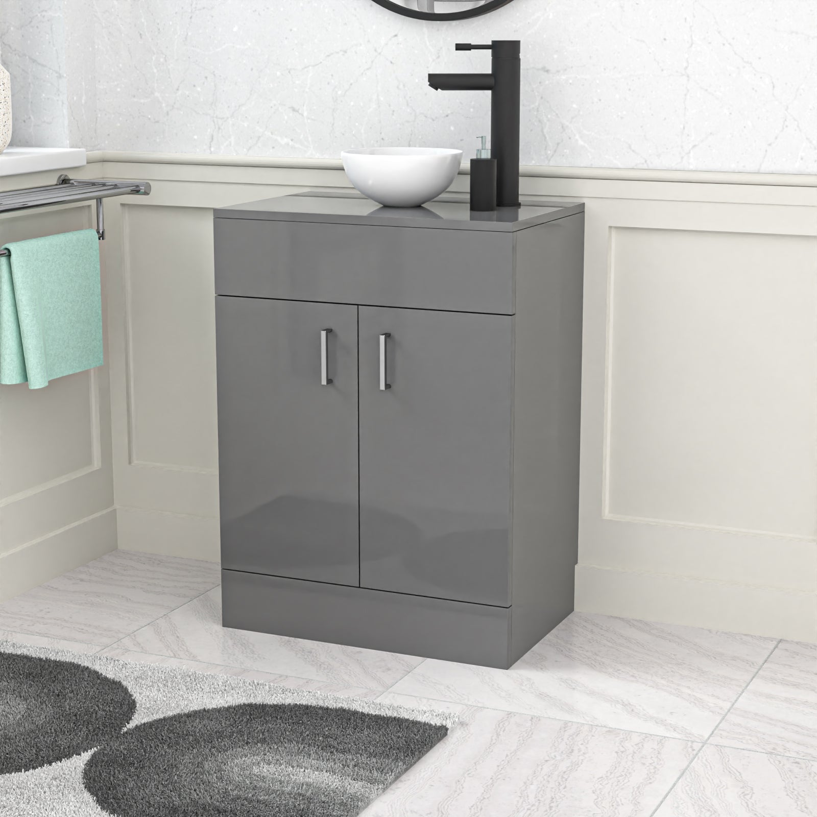 Nanuya 600mm Bathroom Doors Vanity Unit Grey Round Ceramic Basin