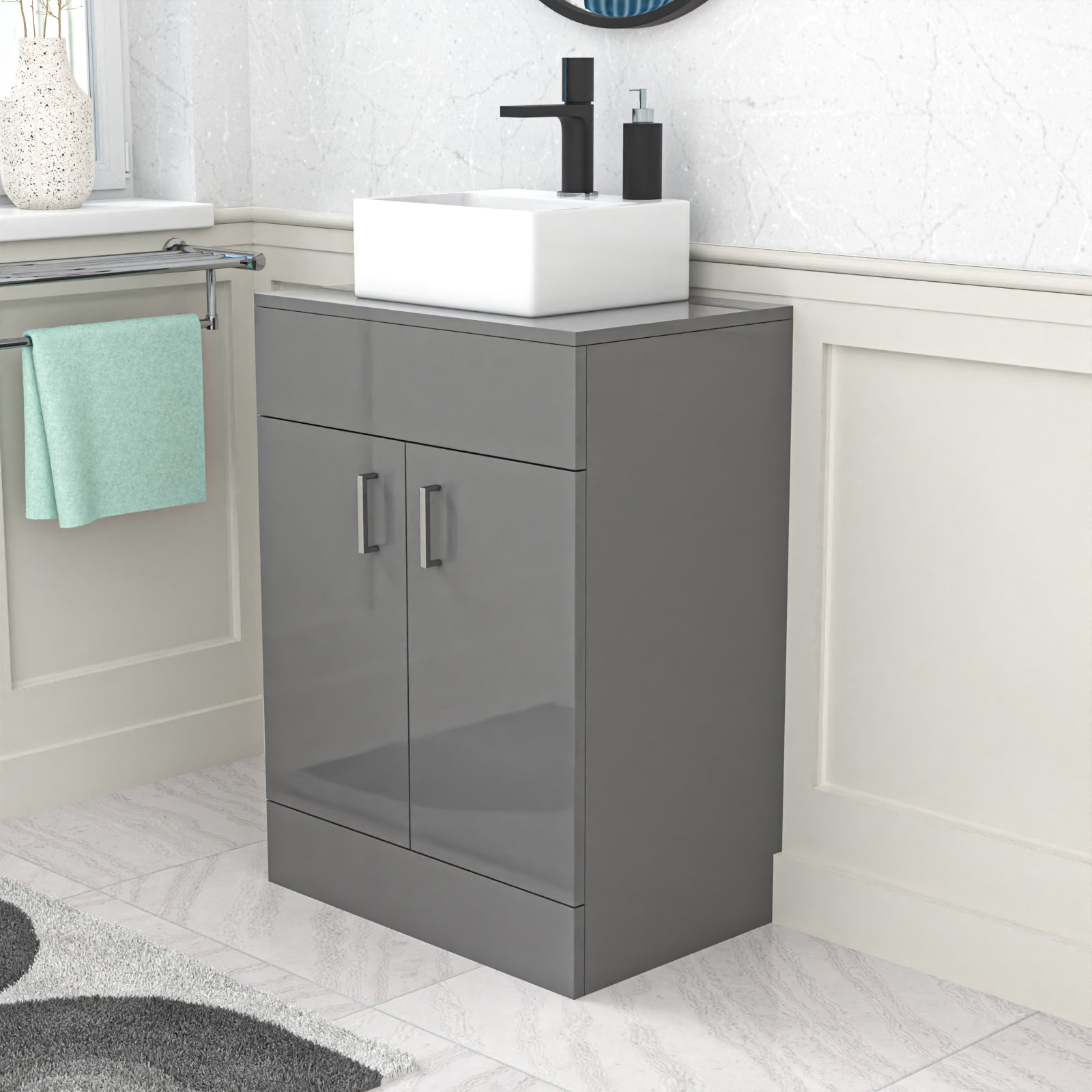 Nanuya Grey 600mm Bathroom Doors Vanity Unit Rectangle Ceramic Basin