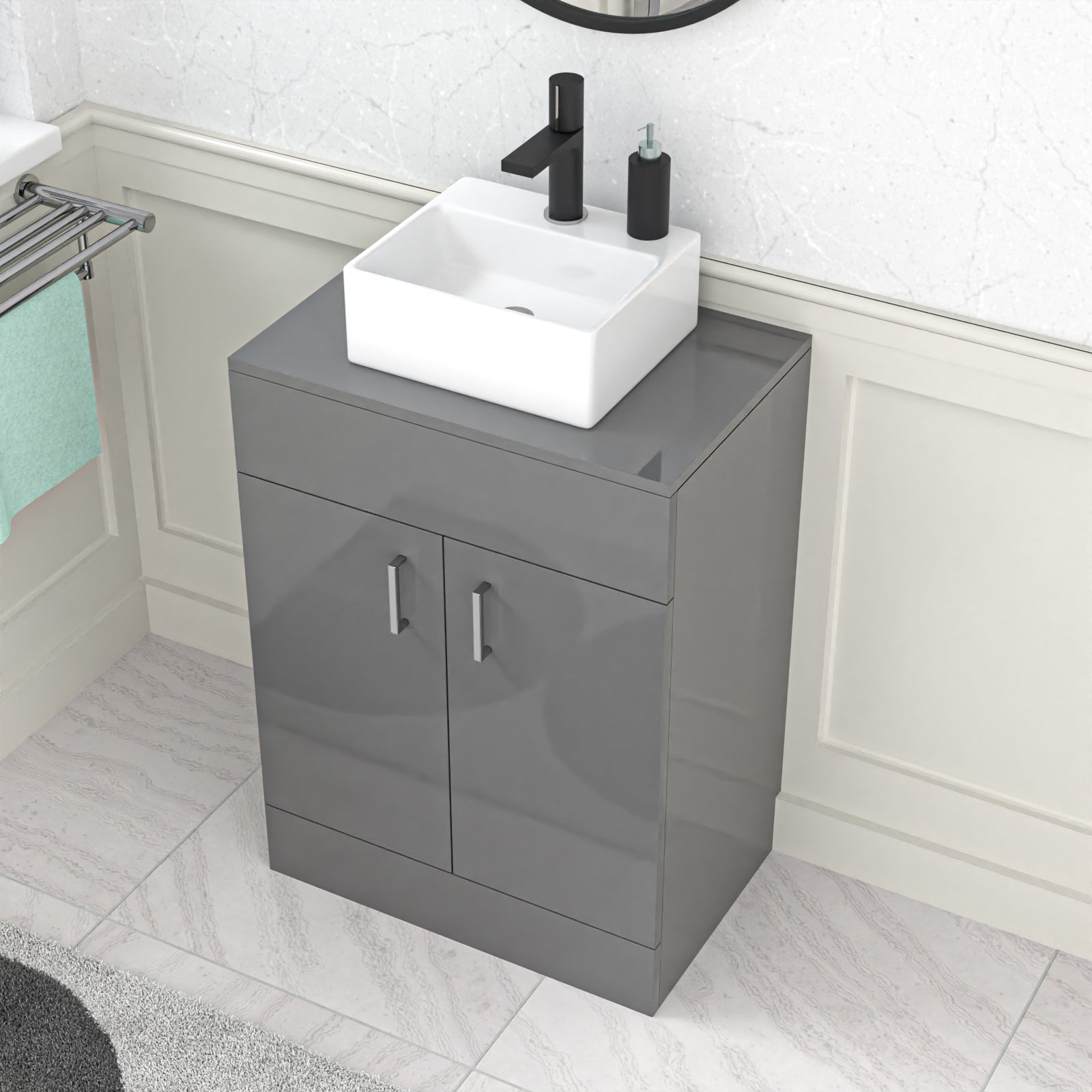 Nanuya Grey 600mm Bathroom Doors Vanity Unit Rectangle Ceramic Basin