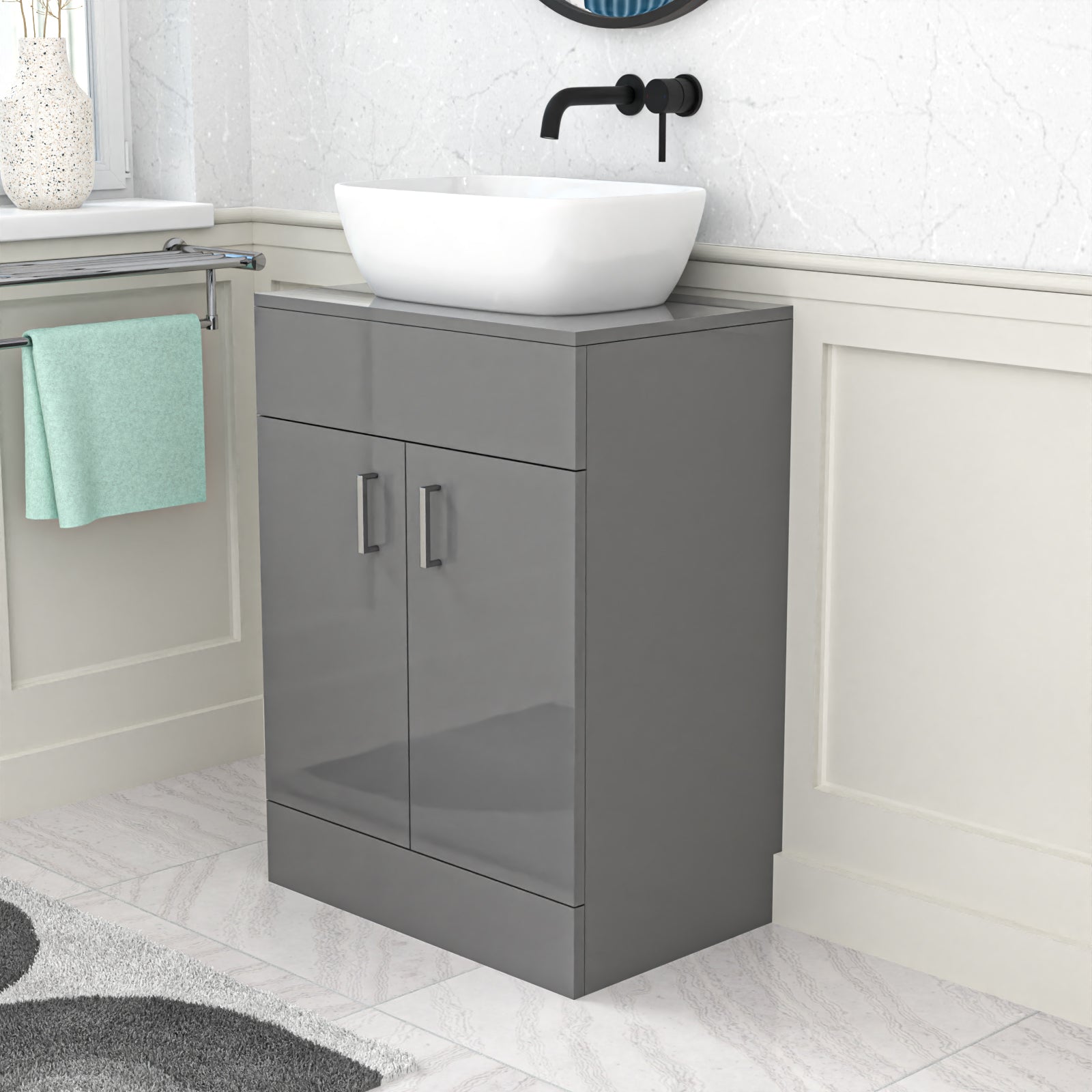 Nanuya Grey 600mm Bathroom Doors Vanity Unit Rounded Rectangle Basin