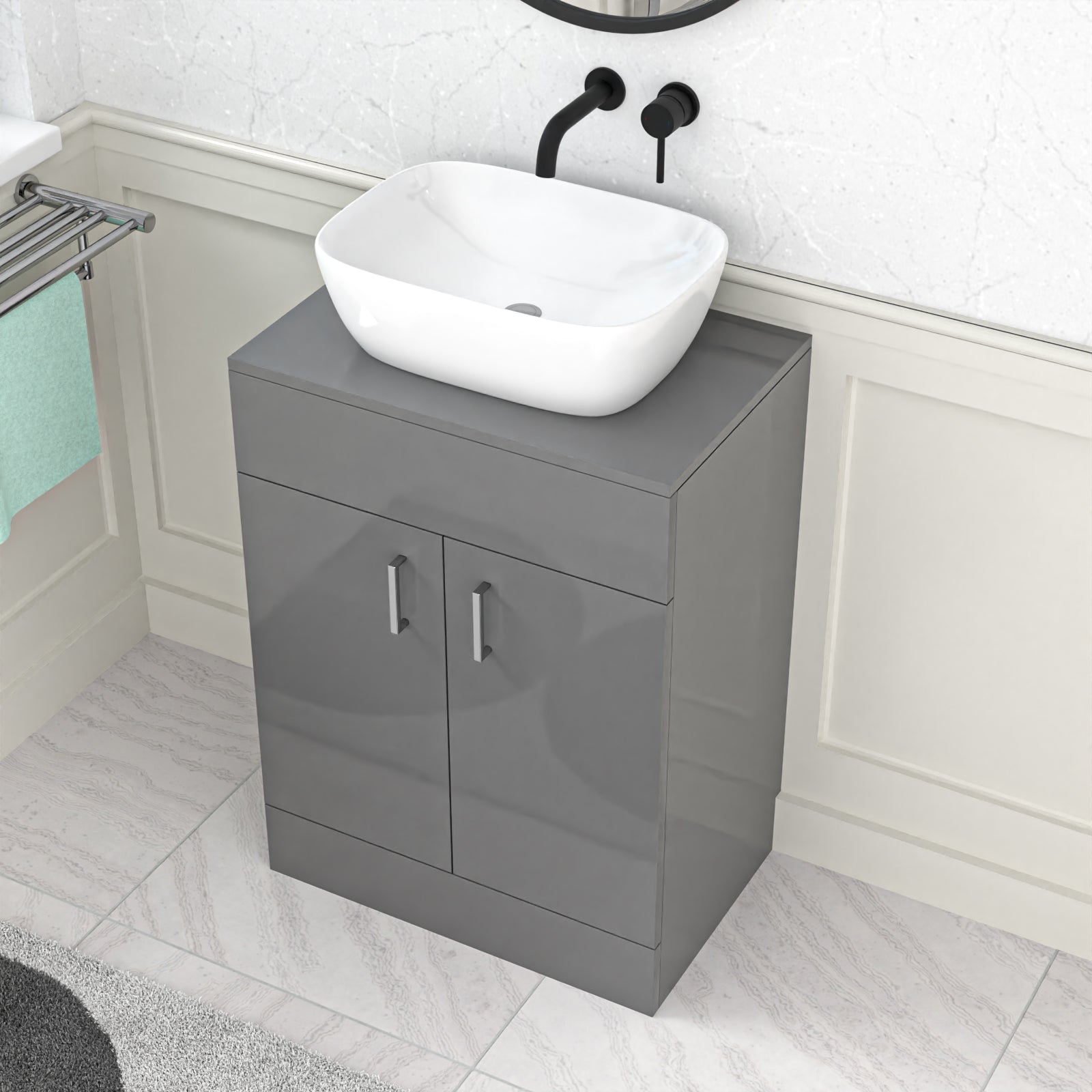 Nanuya Grey 600mm Bathroom Doors Vanity Unit Rounded Rectangle Basin
