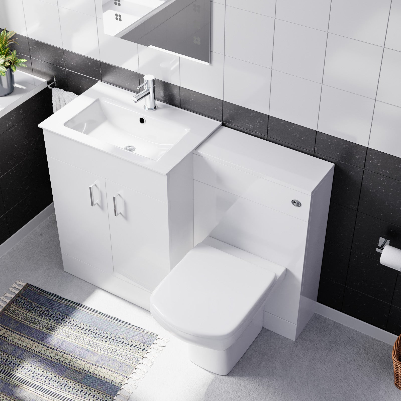 Nanuya White 1100mm Slim Basin Vanity, WC Unit & Rimless BTW Toilet