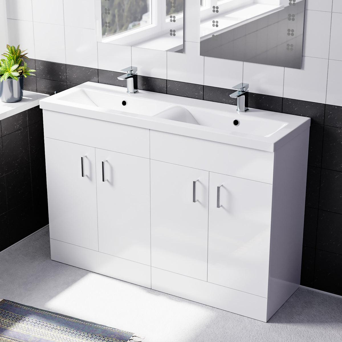 Set of 2 Floorstanding 600mm Cabinet with Ceramic Mid Edge Twin Basin - White