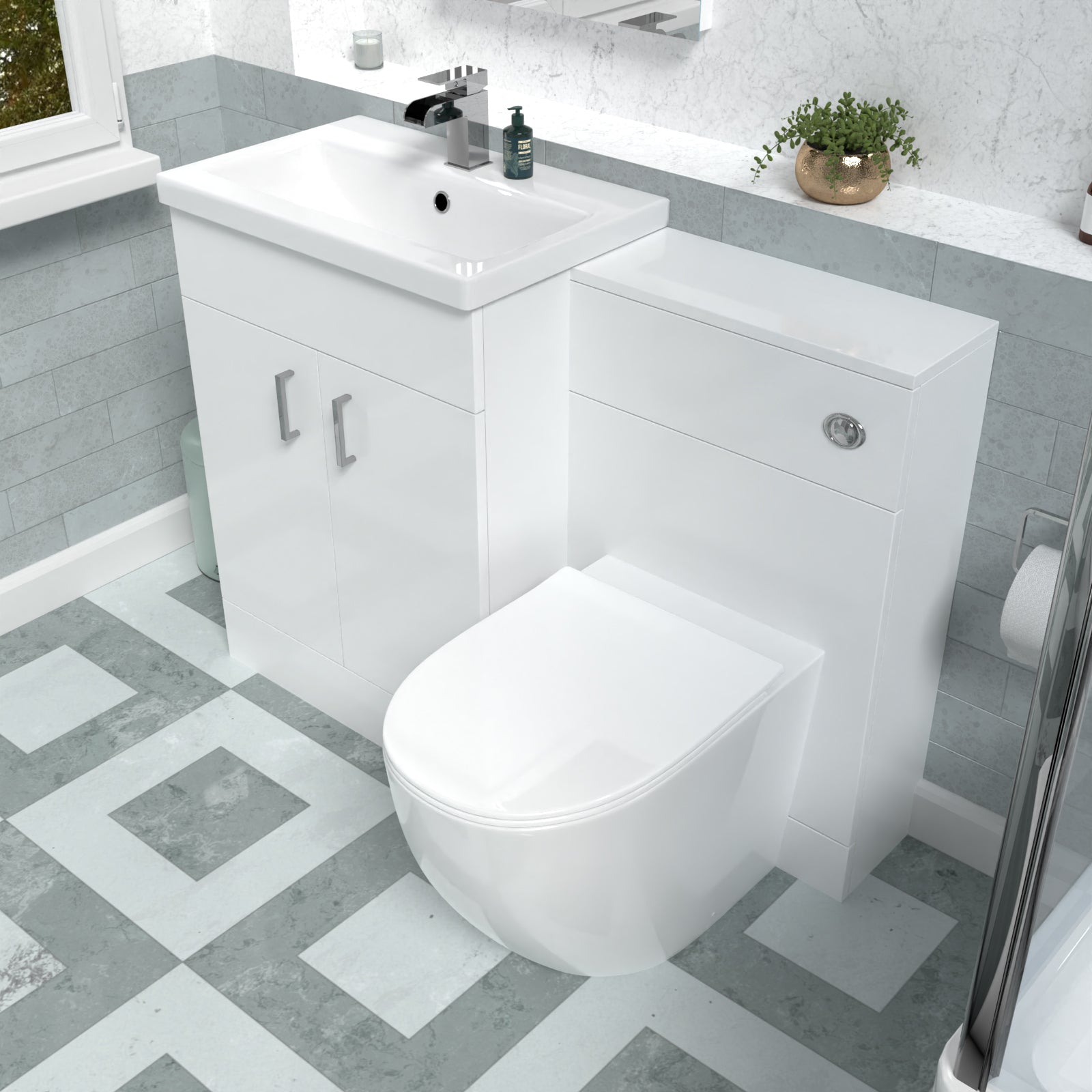 1100mm Freestanding White Basin Vanity & Back To Wall Toilet