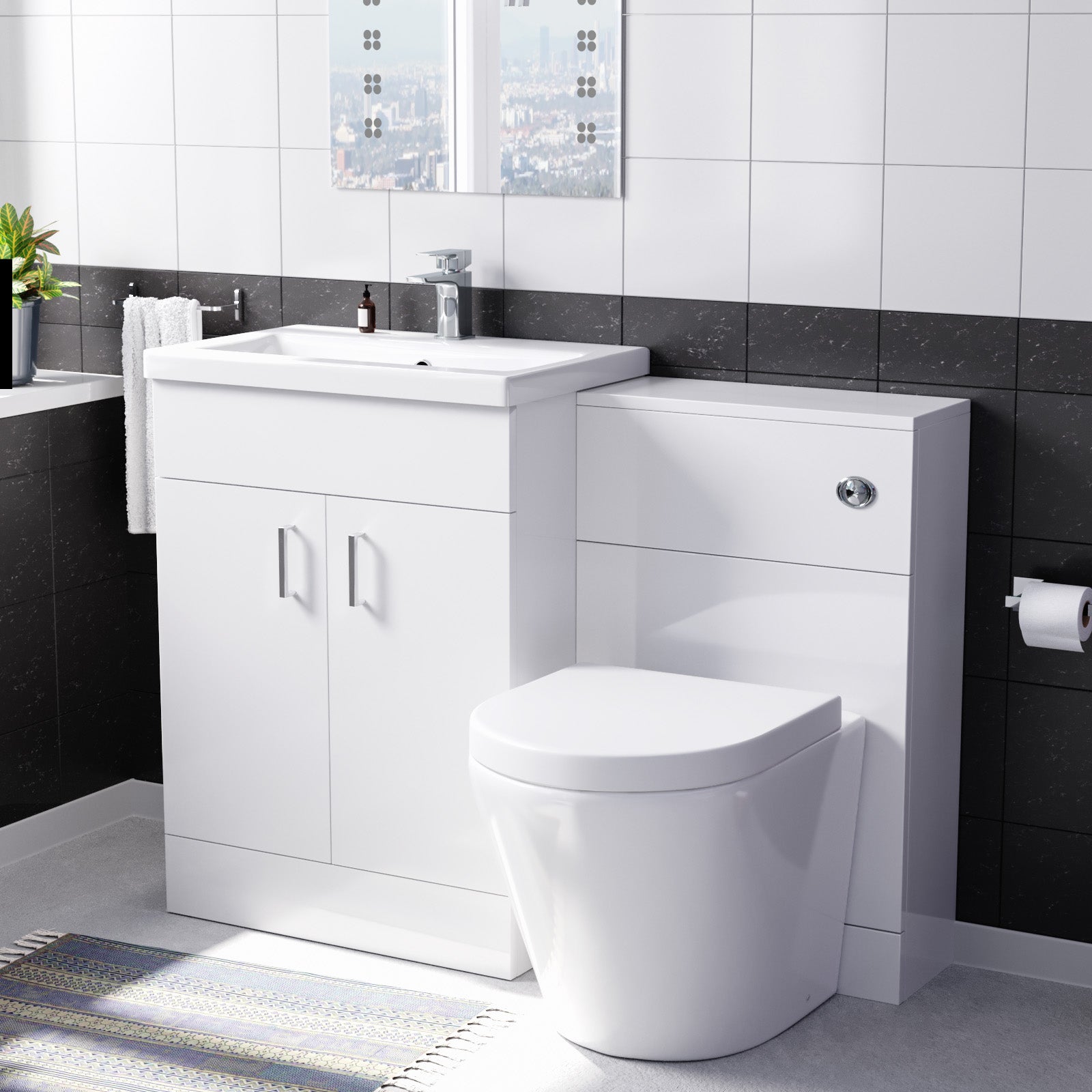 Nanuya 1100mm Freestanding White Basin Vanity & Rimless Back To Wall Toilet