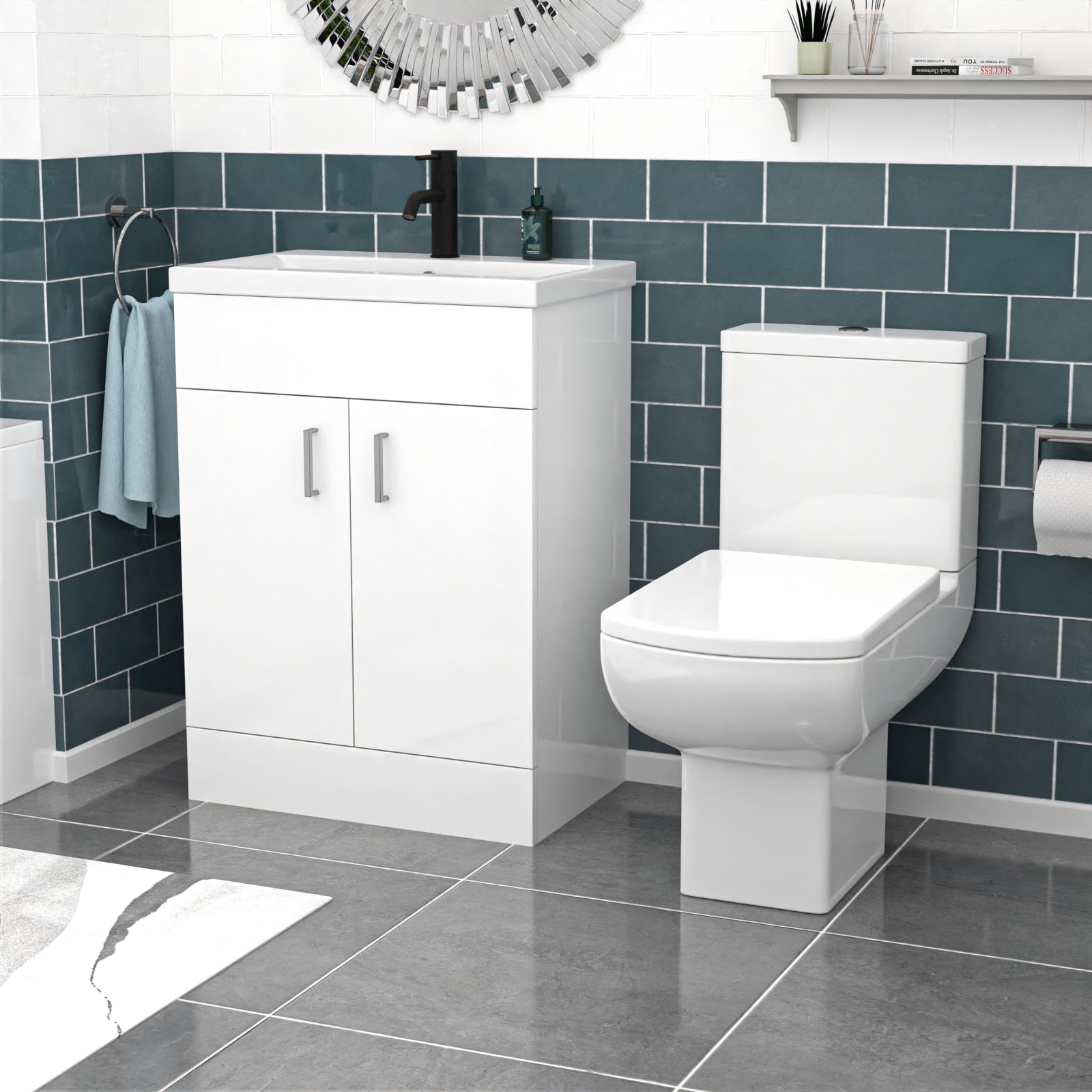 Nanuya 600mm White Basin Vanity & Square Rimless Close Coupled Toilet