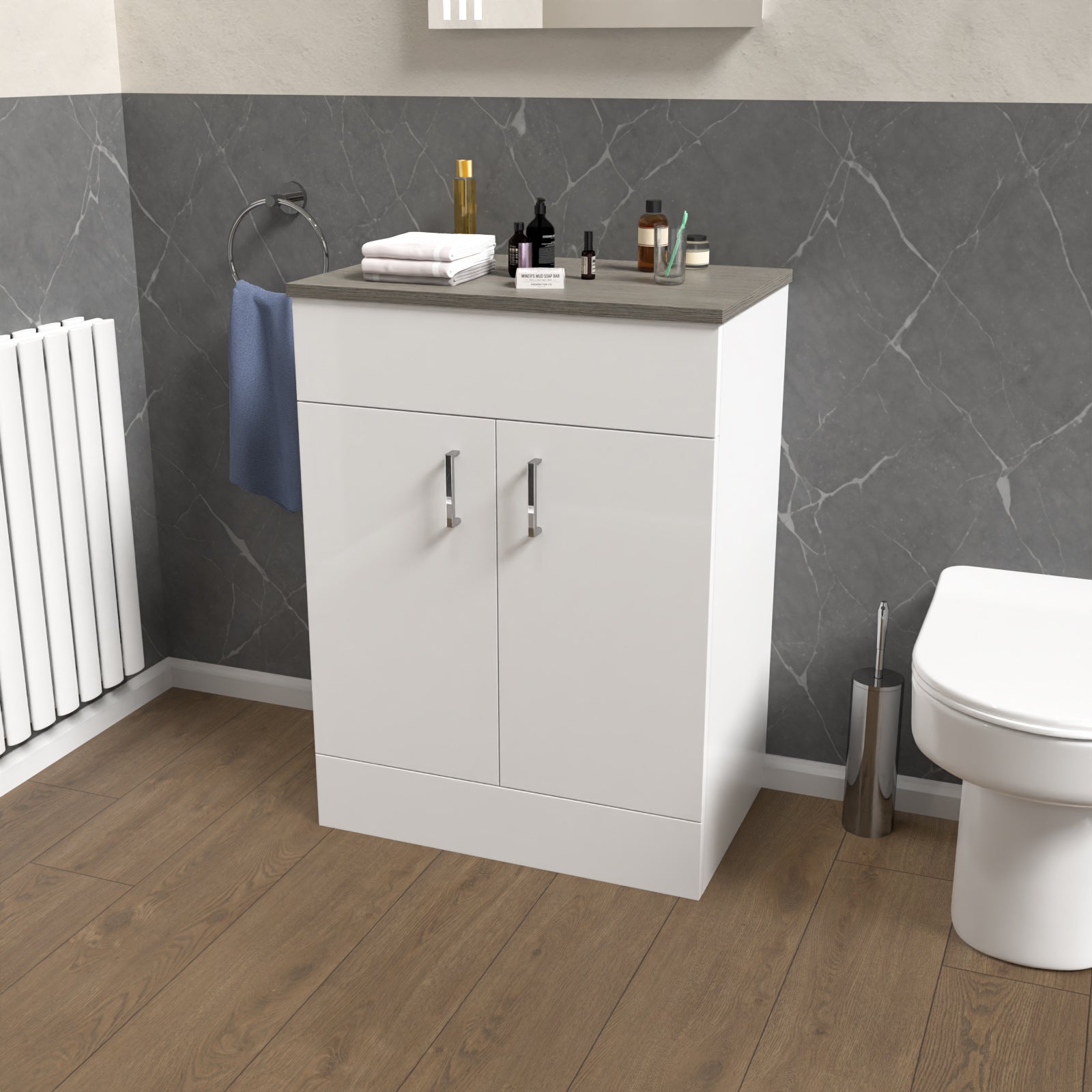 Nanuya 600mm White Vanity Unit Cabinet With Oak Worktop