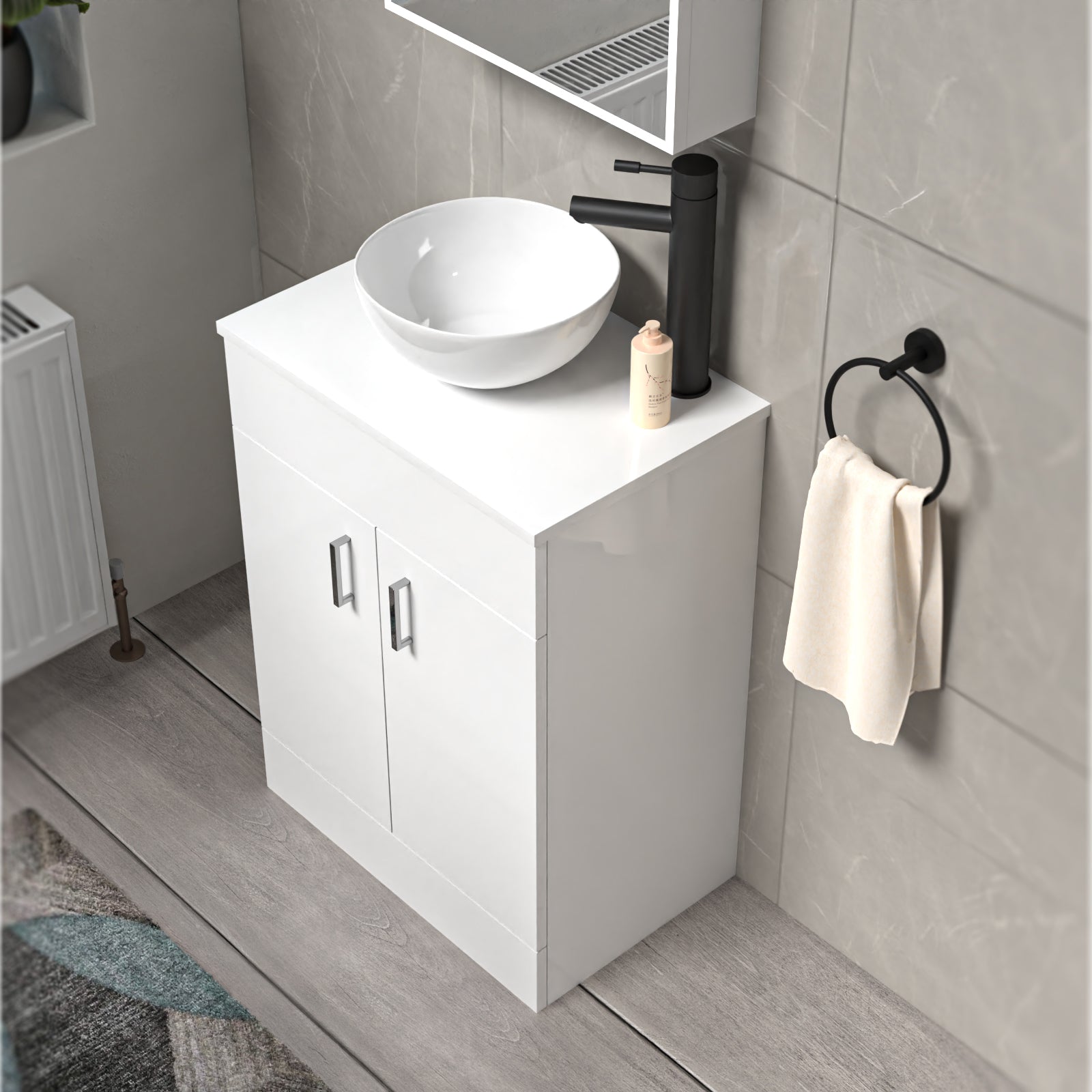 Nanuya White 600mm Bathroom Doors Vanity Unit Round Ceramic Basin