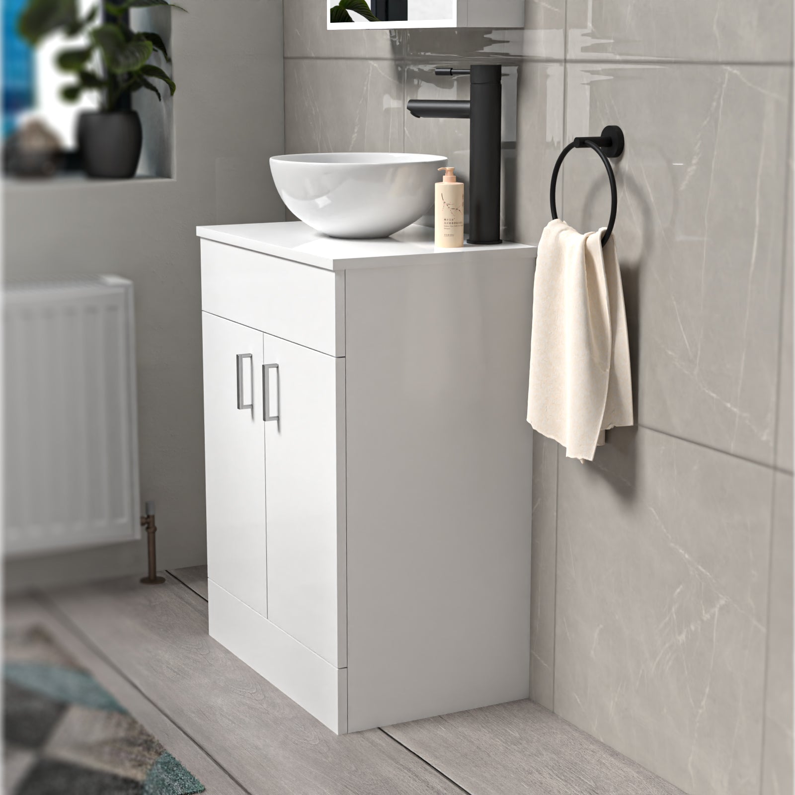 Nanuya White 600mm Bathroom Doors Vanity Unit Round Ceramic Basin