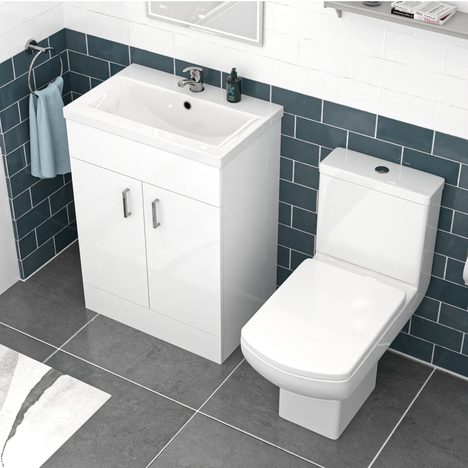 Nanuya 600mm White Basin Vanity & Square Rimless Close Coupled Toilet