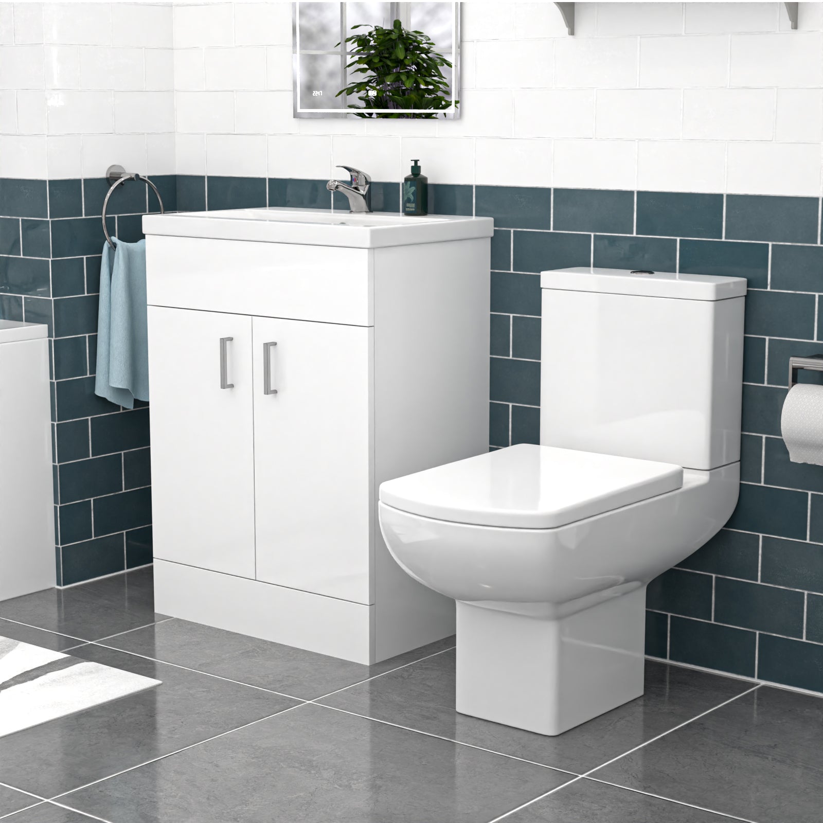 Nanuya 600mm White Basin Vanity, Square Rimless Close Coupled Toilet And Bath
