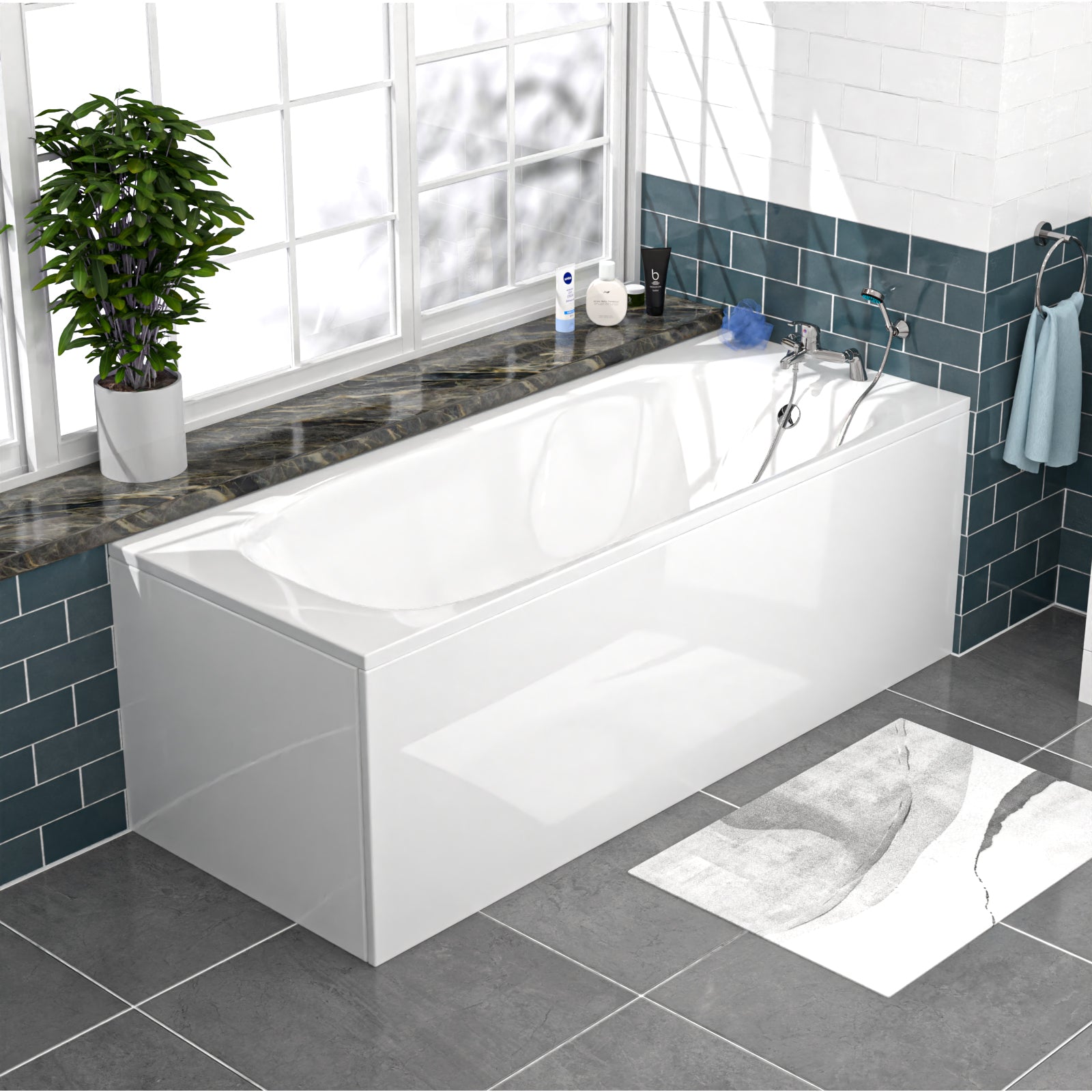 Nanuya 600mm White Basin Vanity, Square Rimless Close Coupled Toilet And Bath