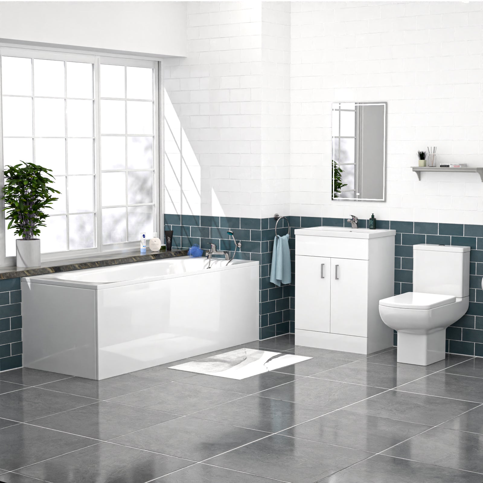 Nanuya 600mm White Basin Vanity, Square Rimless Close Coupled Toilet And Bath