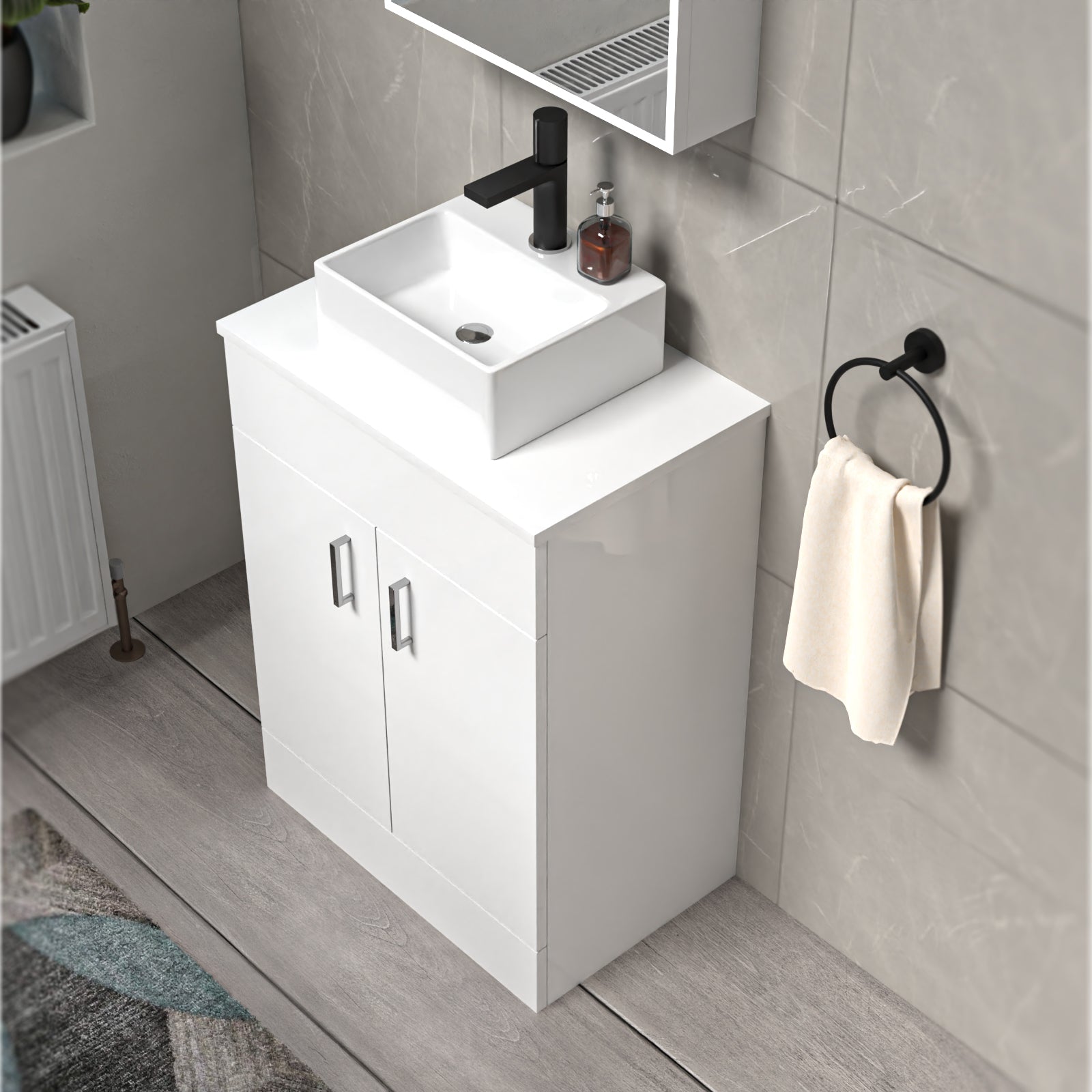 Nanuya White 600mm Bathroom Doors Vanity Unit Rectangle Ceramic Basin