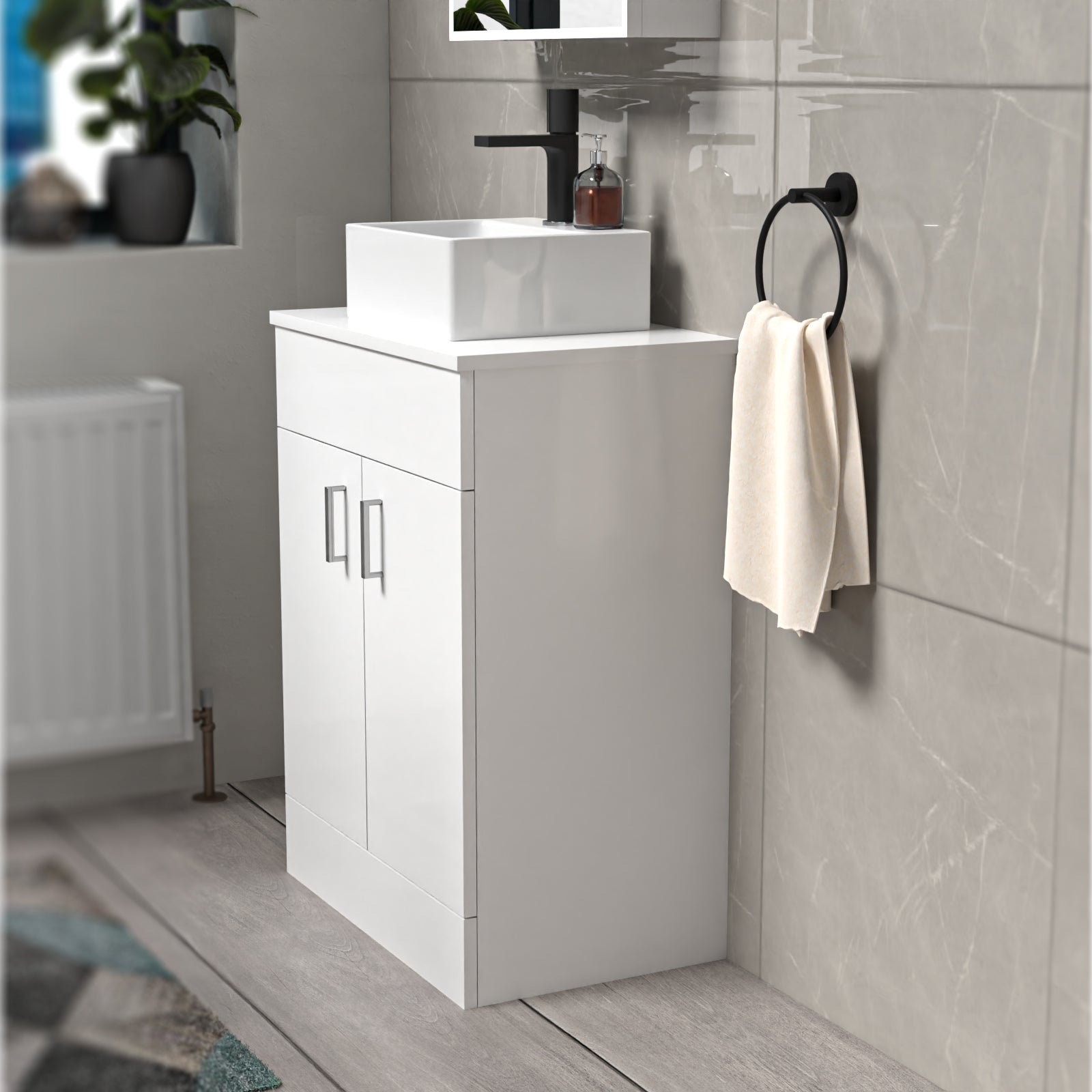 Nanuya White 600mm Bathroom Doors Vanity Unit Rectangle Ceramic Basin