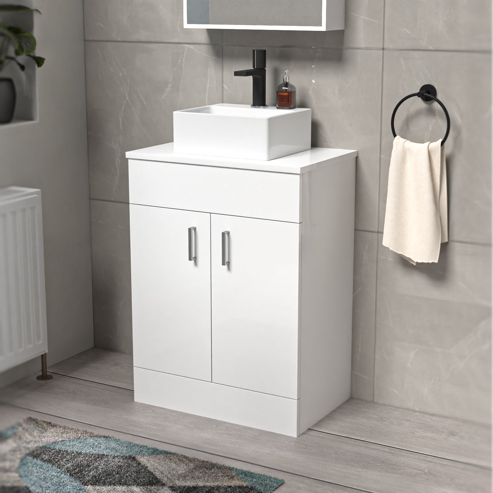 Nanuya White 600mm Bathroom Doors Vanity Unit Rectangle Ceramic Basin