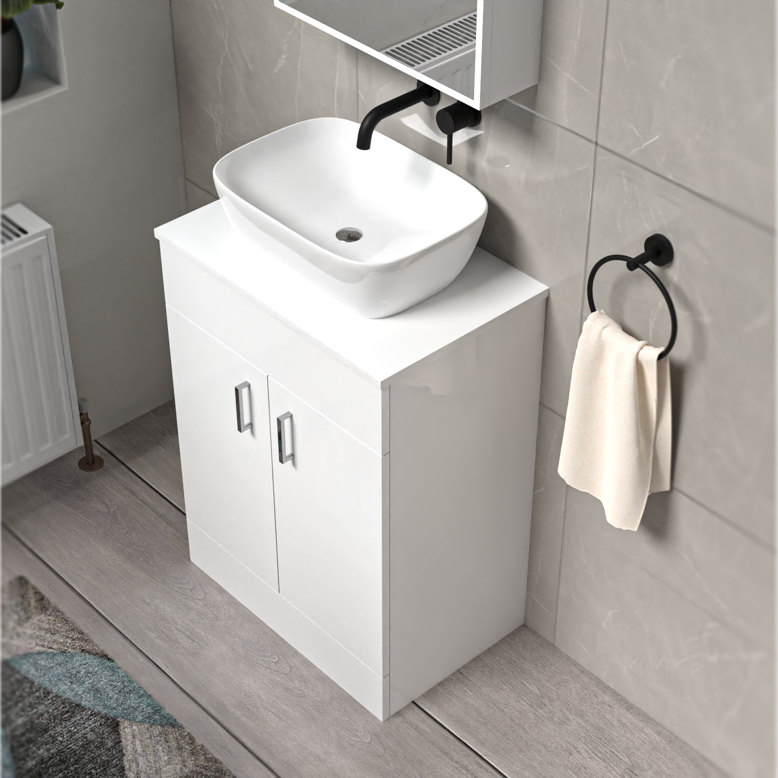 Nanuya White 600mm Bathroom Doors Vanity Unit Rounded Rectangle Basin