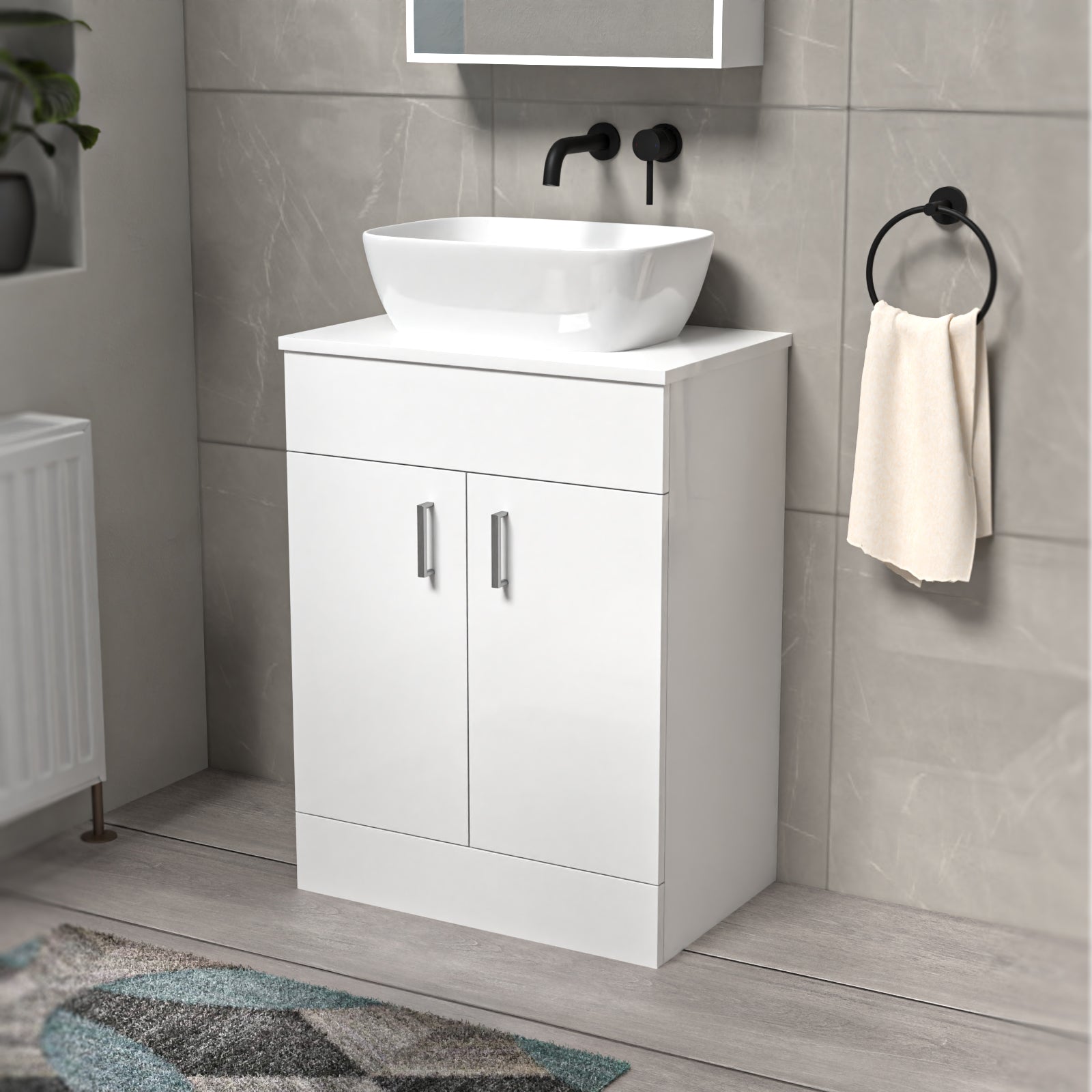 Nanuya White 600mm Bathroom Doors Vanity Unit Rounded Rectangle Basin