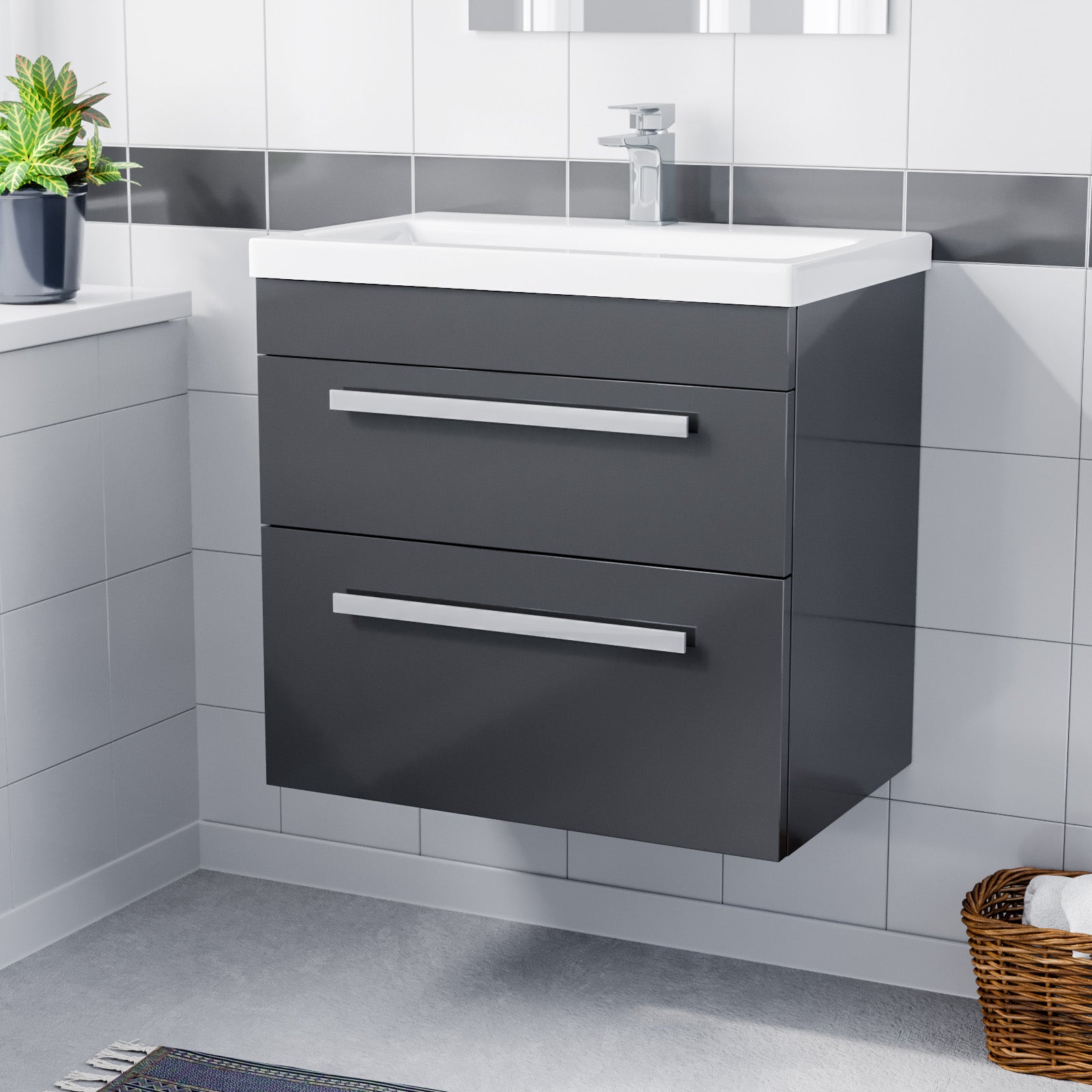 Nanuya 600mm Gloss Anthracite Wall Hung 2 Drawer Vanity Cabinet & Basin