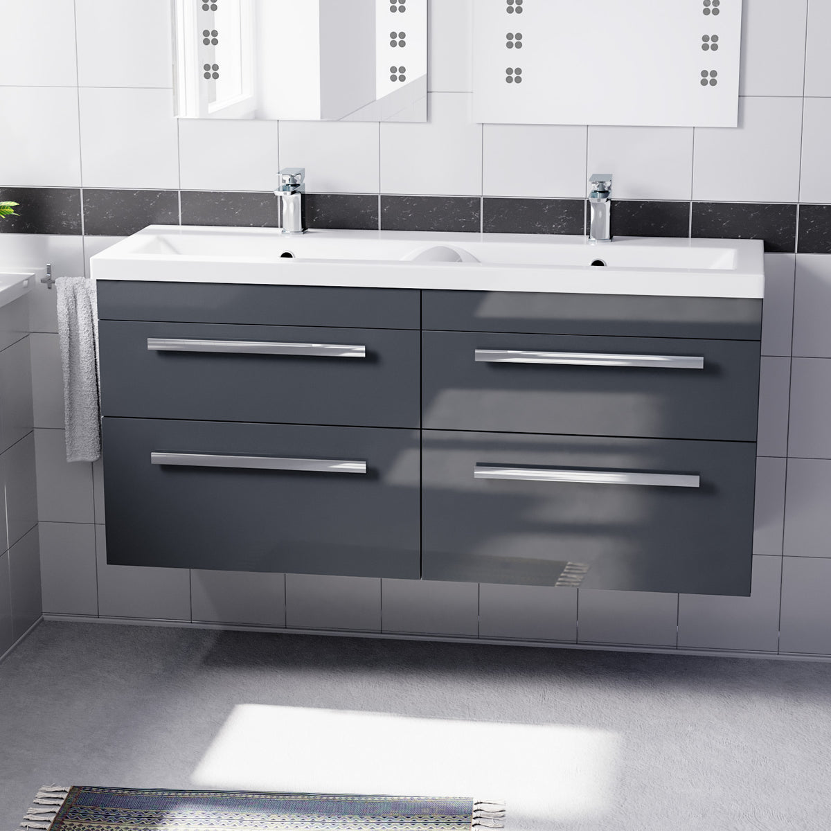 Set of 2 Wall Hung 600mm Drawers Cabinet with Mid Edge Twin Basin - Anthracite