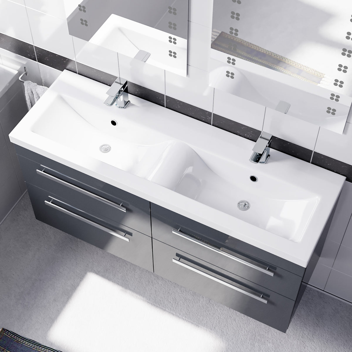 Set of 2 Wall Hung 600mm Drawers Cabinet with Mid Edge Twin Basin - Anthracite
