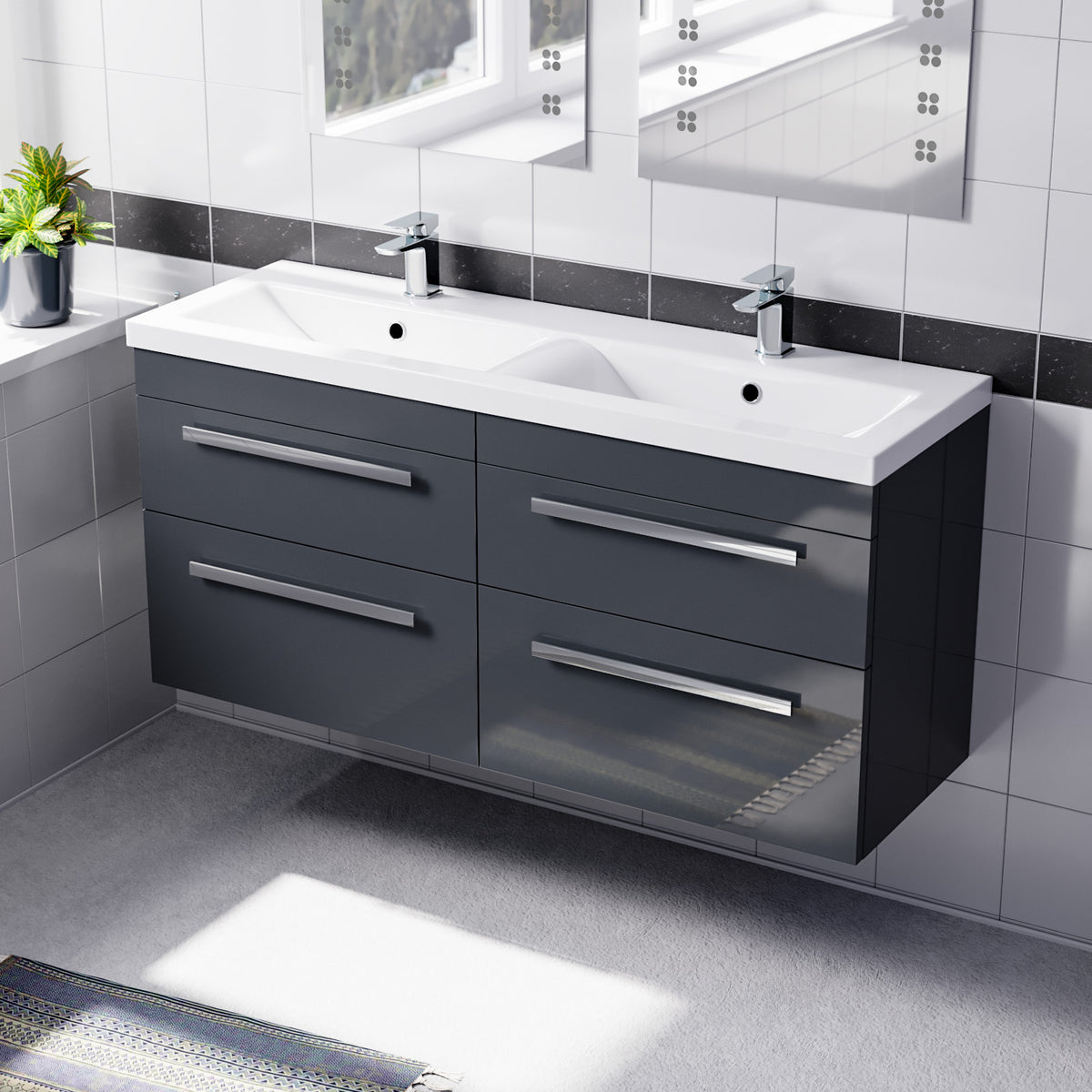 Set of 2 Wall Hung 600mm Drawers Cabinet with Mid Edge Twin Basin - Anthracite
