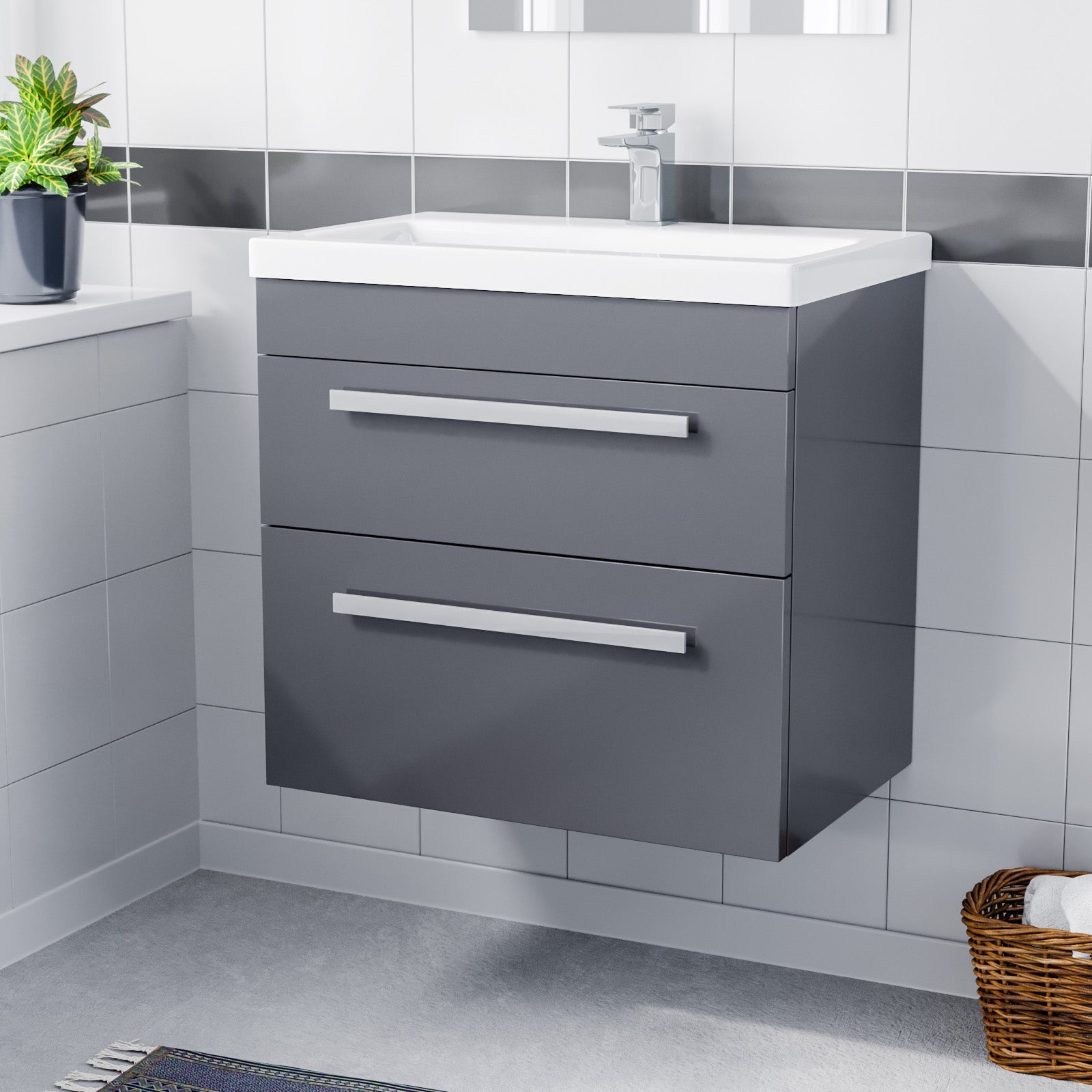 Nanuya 600mm Steel Grey Wall Hung 2 Drawer Vanity Cabinet & Ceramic Basin Sink