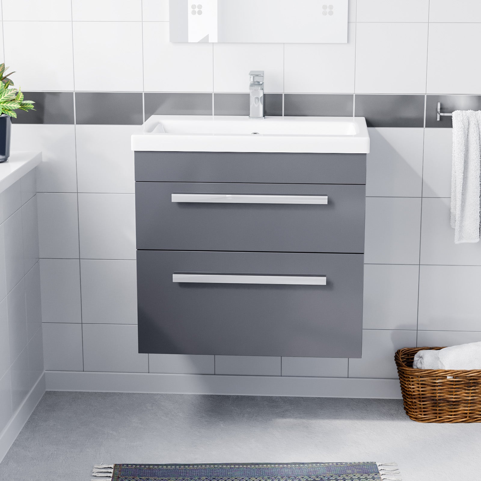 Nanuya 600mm Steel Grey Wall Hung 2 Drawer Vanity Cabinet & Ceramic Basin Sink
