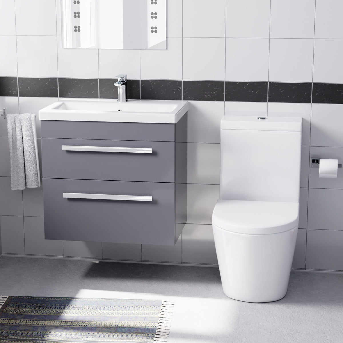 Steel Grey 600mm Wall Hung Vanity With ceramic Basin & Close Coupled Toilet