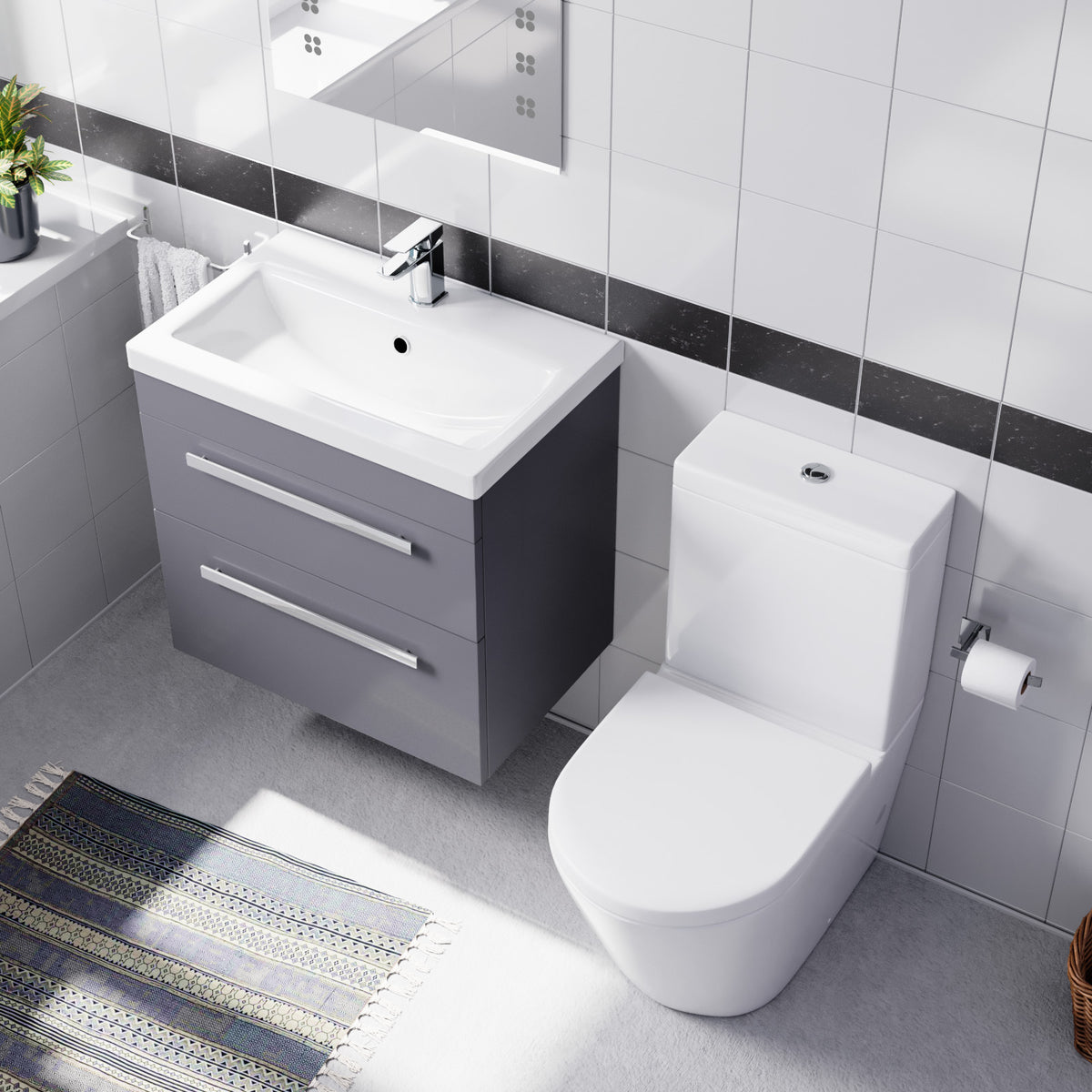 Steel Grey 600mm Wall Hung Vanity With ceramic Basin & Close Coupled Toilet