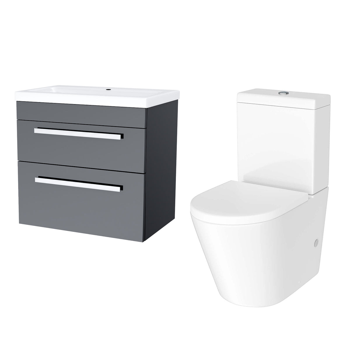 Steel Grey 600mm Wall Hung Vanity With ceramic Basin & Close Coupled Toilet