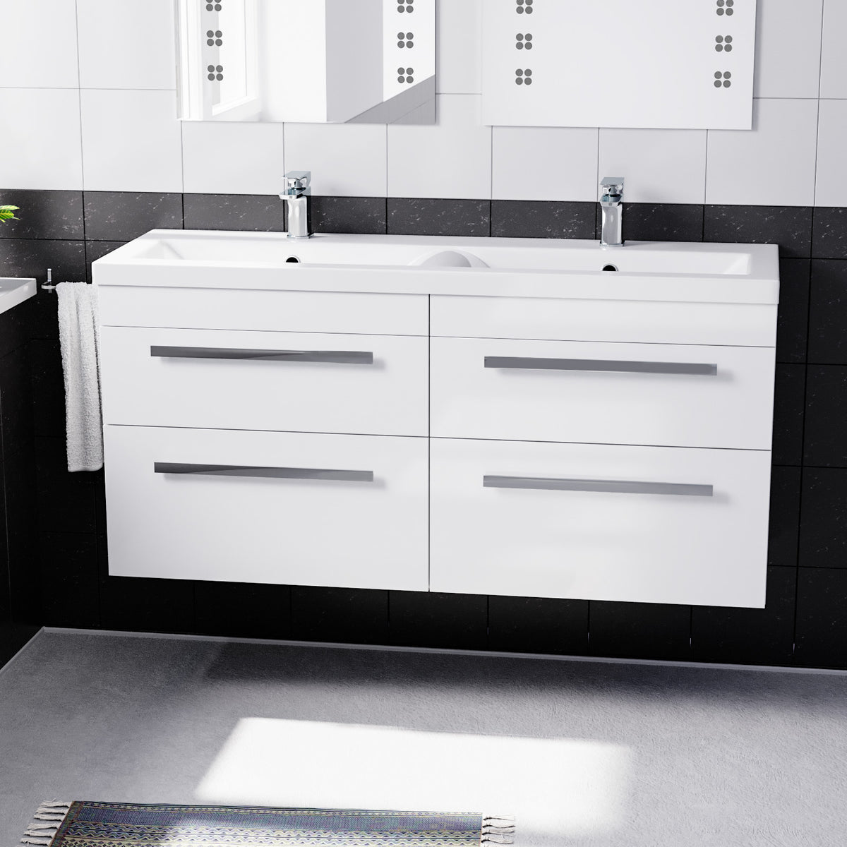 Set of 2 Wall Hung 600mm Drawers Cabinet with Ceramic Mid-Edge Twin Basin - White