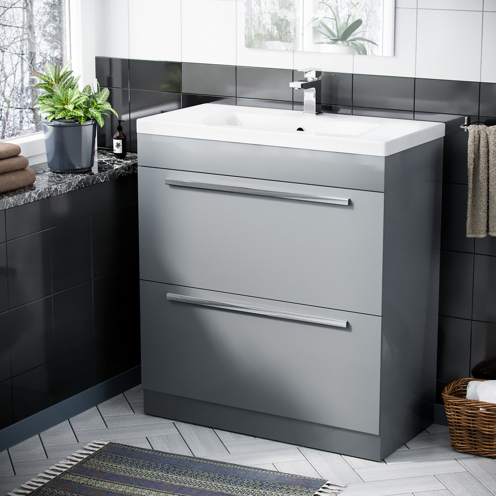 Nanuya 800 mm Grey 2 Drawer Vanity Storage Cabinet