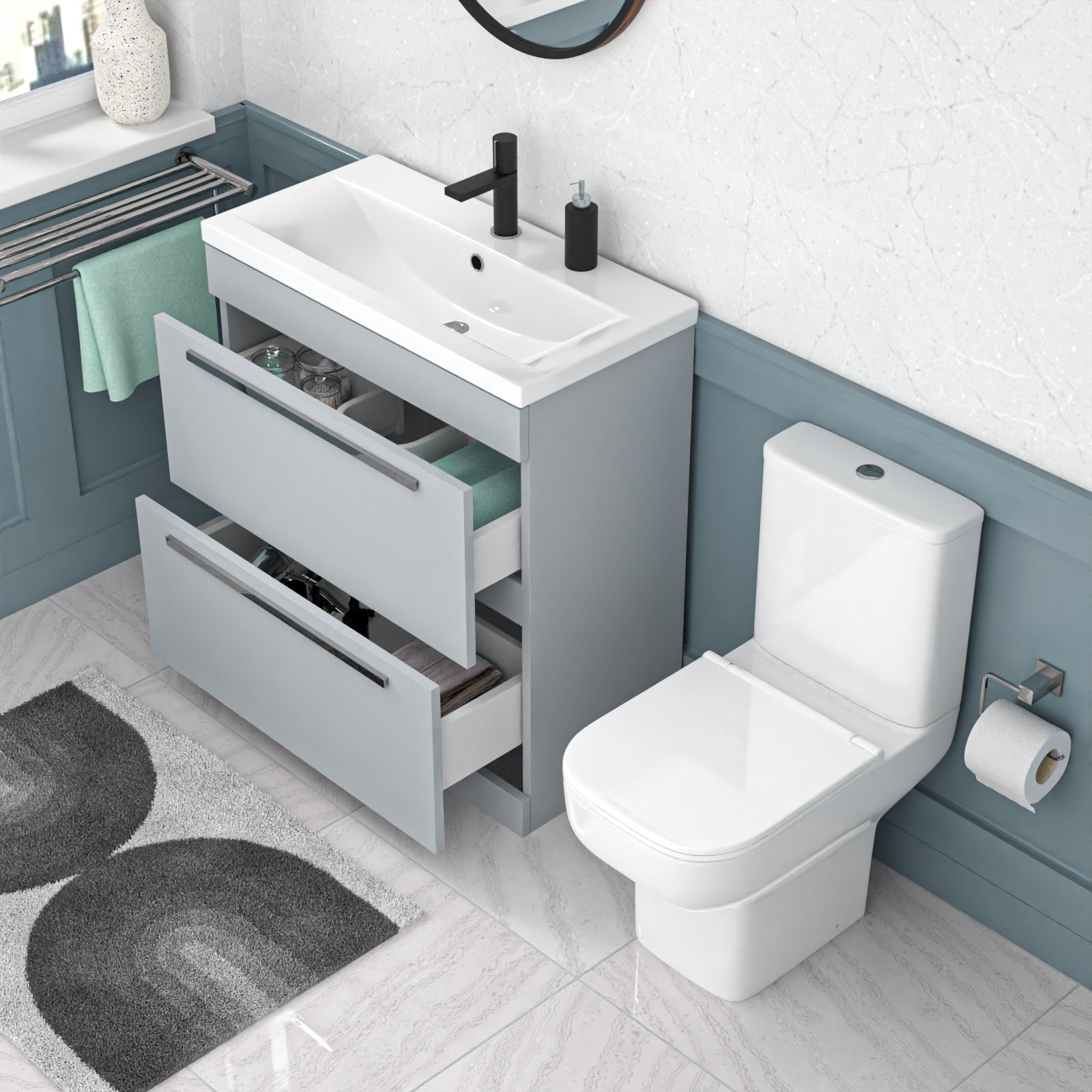 Nanuya 800mm Dark Grey Drawers Basin Vanity Unit Square Close Coupled Toilet