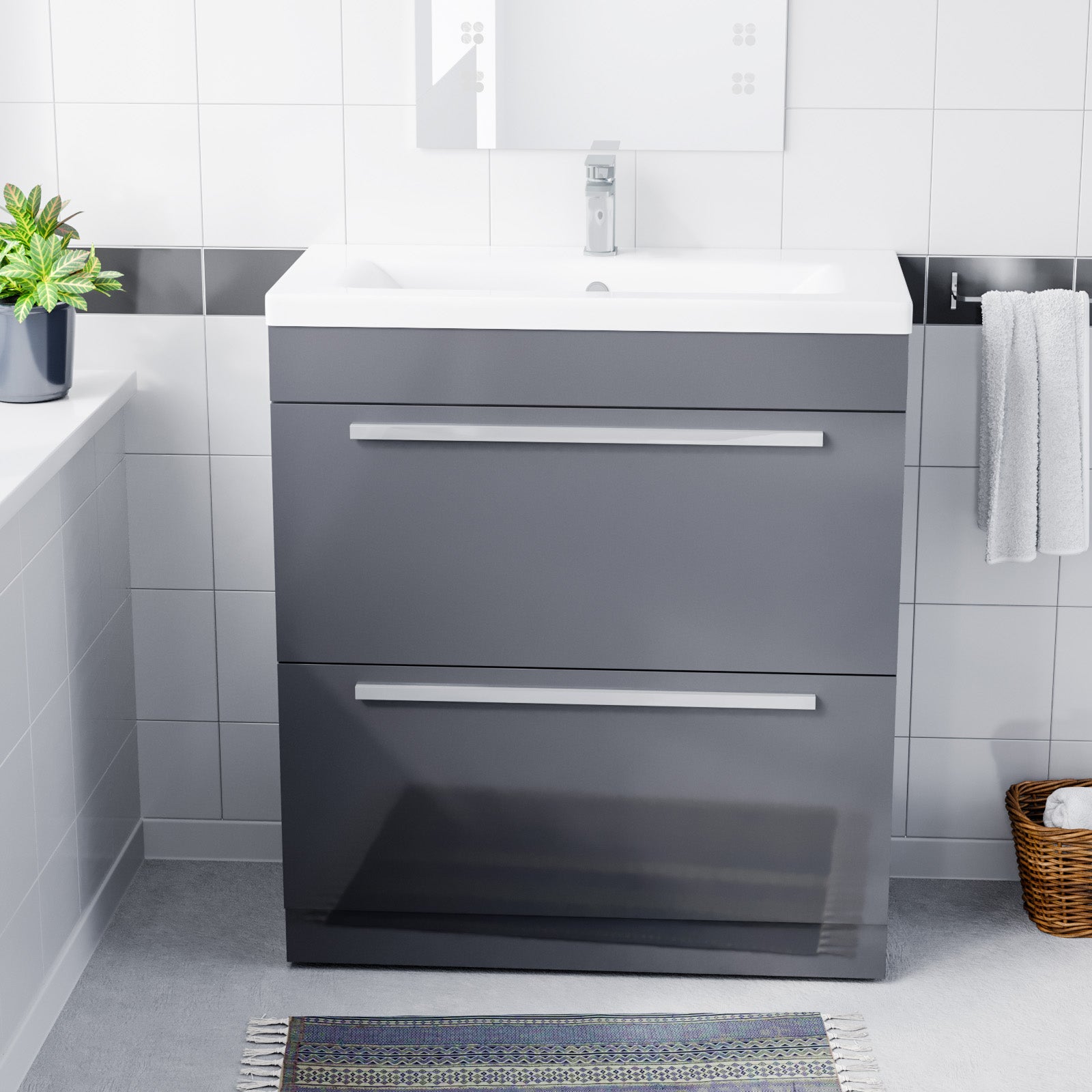 Nanuya 800mm Steel Grey 2 Drawers Basin Vanity Unit