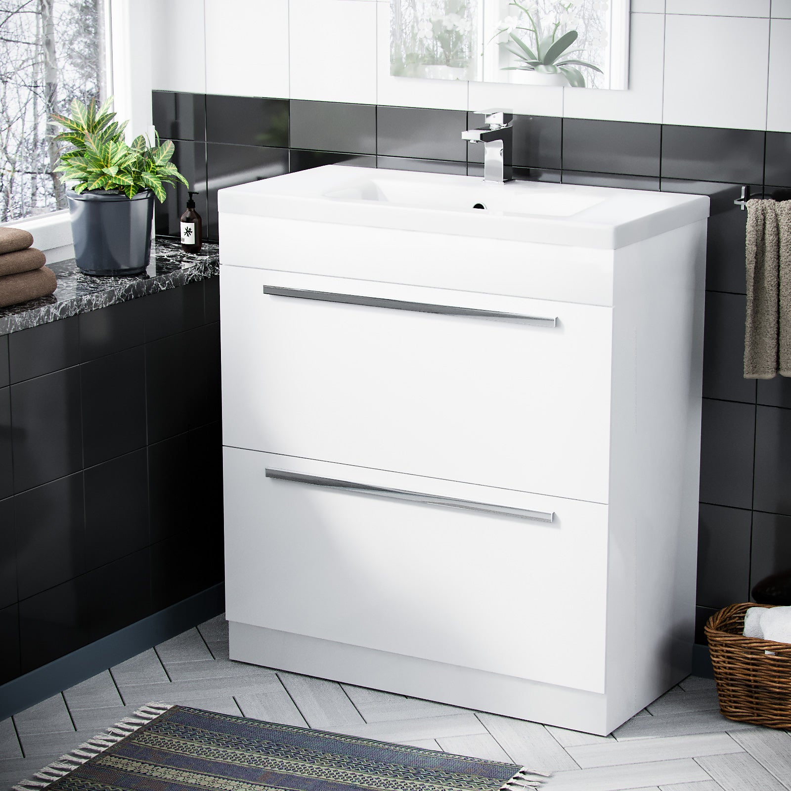 Nanuya 800mm White 2 Drawers Basin Vanity Unit