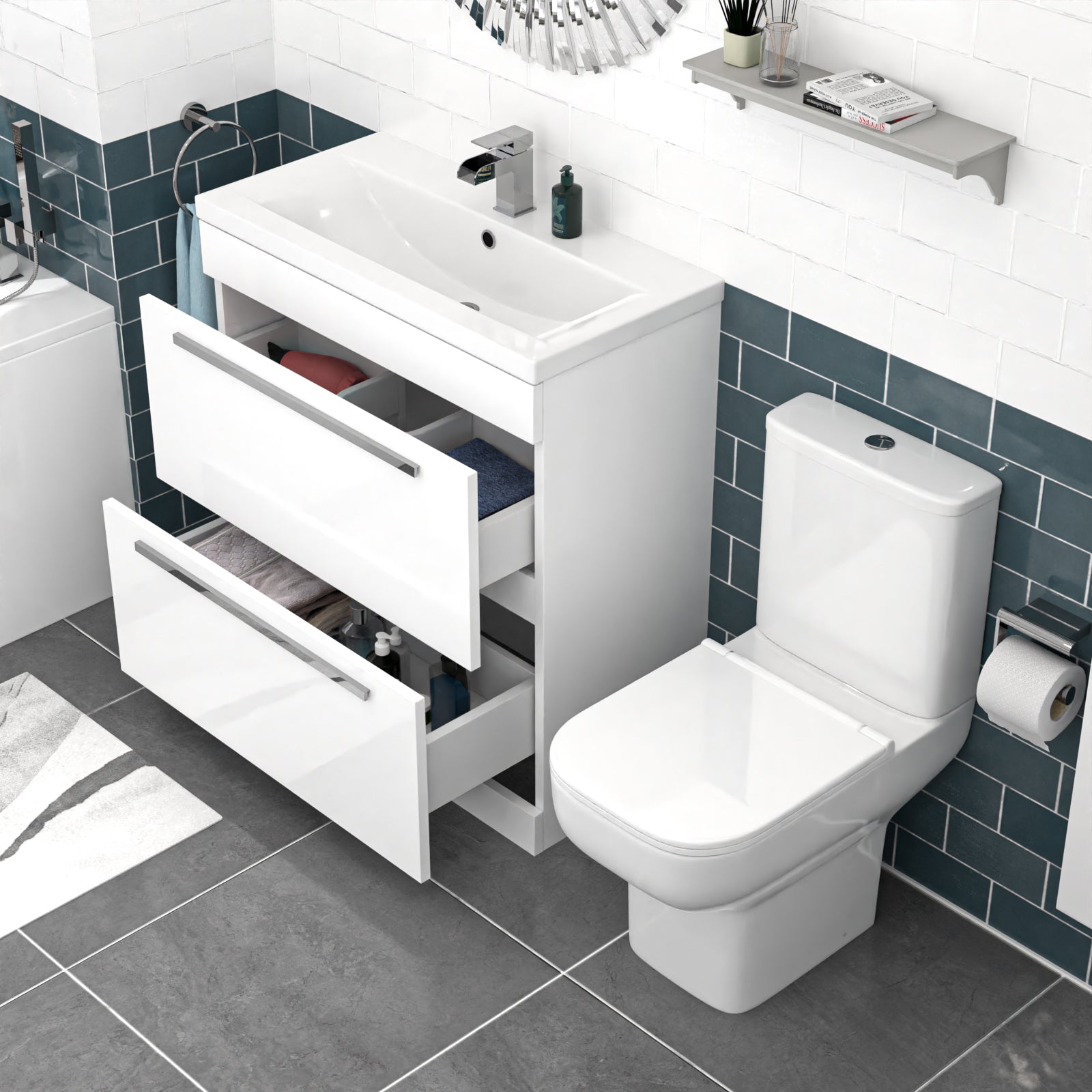 Nanuya 800mm White Drawers Basin Vanity Unit Square Close Coupled Toilet