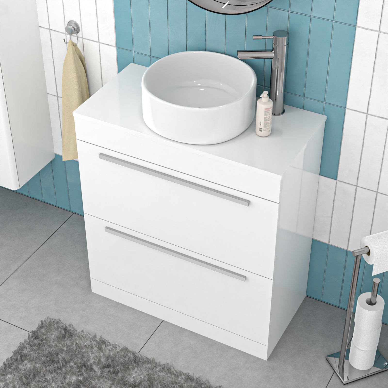 Nanuya White 800mm Vanity Cabinet & Round Counter Top Basin Sink Unit